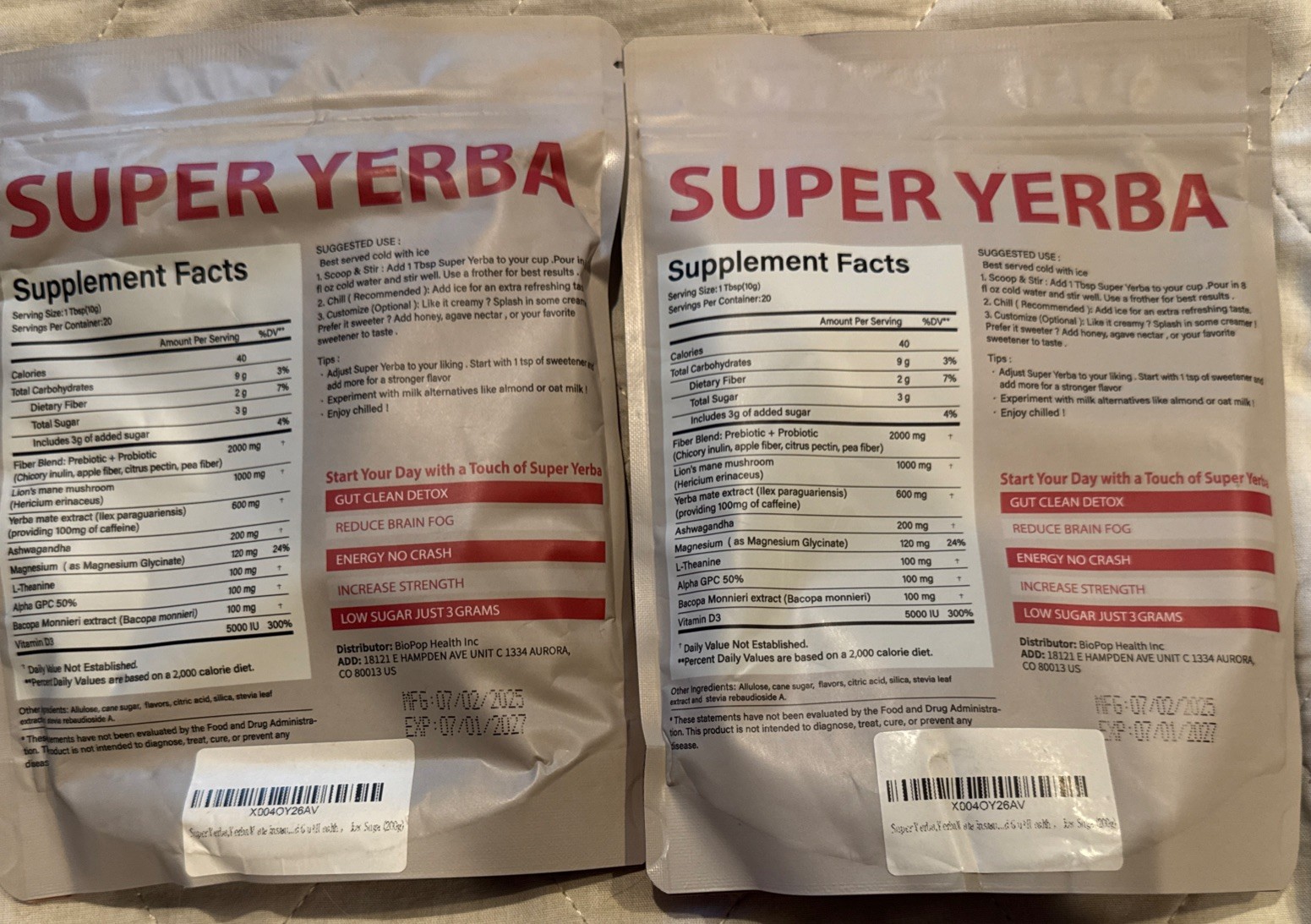 2-Super Yerba, Yerba Mate Instant Tea Powder, Raspberry Lemonade BBD 7/27. A