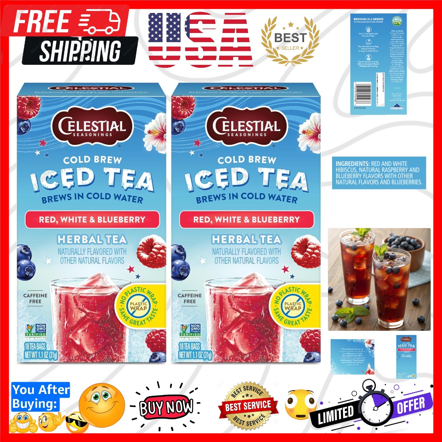Cold Brew Red, White & Blueberry Iced Tea Bags 18 tea bags Pack of 2