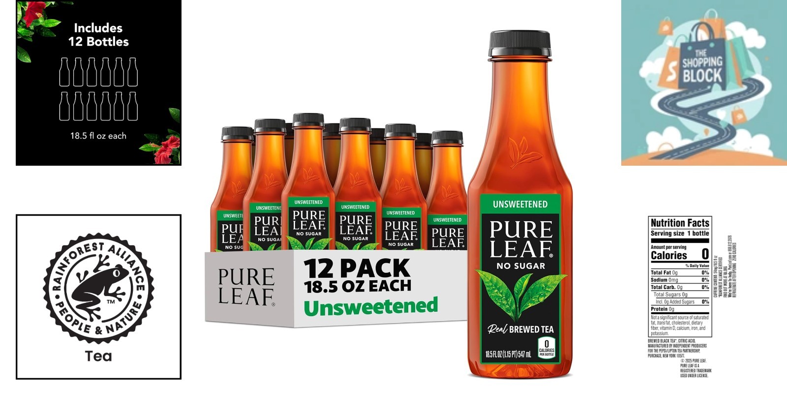 Pure Leaf Unsweetened Iced Tea, 12 Bottles, 18.5oz Each