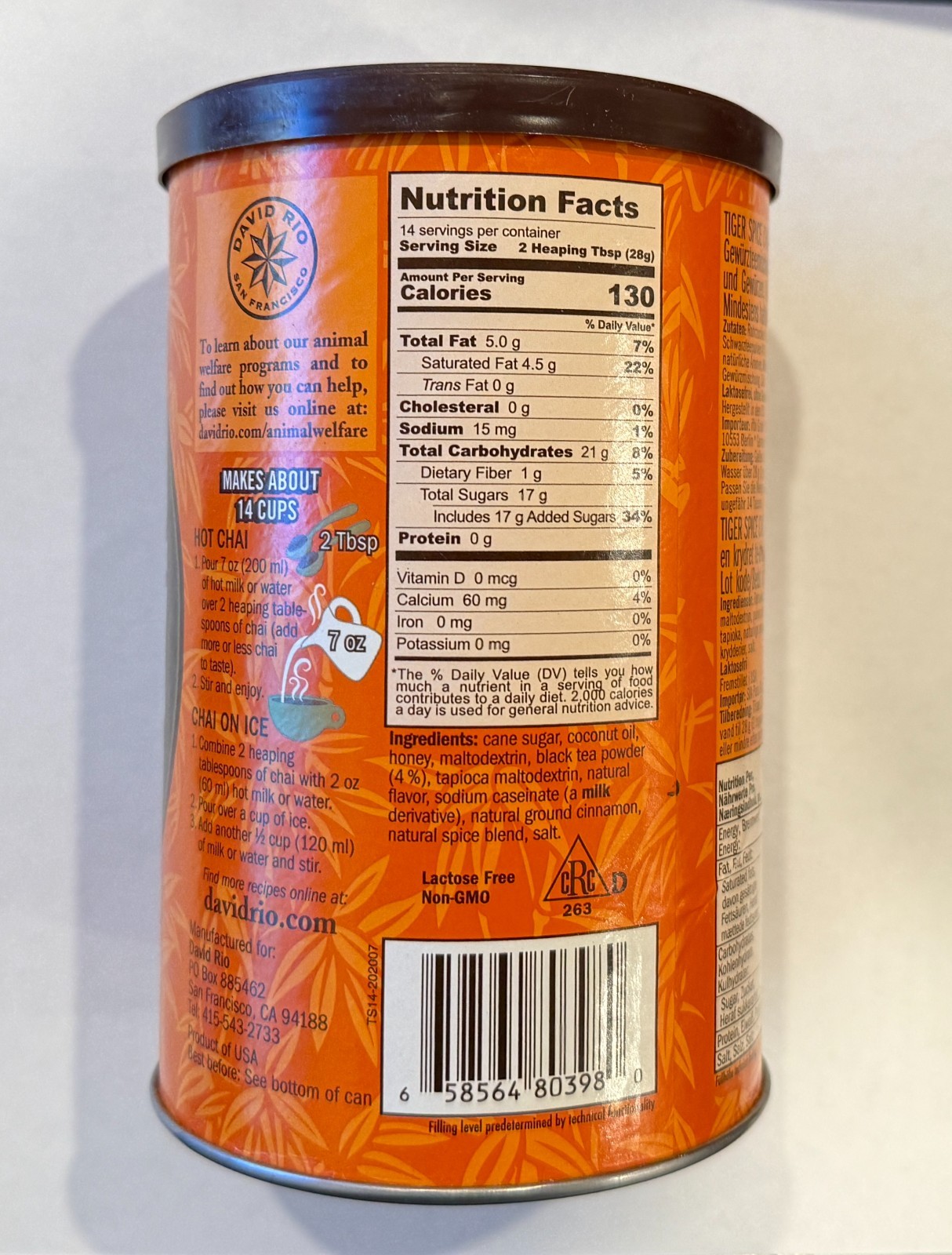 David Rio Tiger Spice Chai Latte Mix 14oz Sweet & Spicy Black Tea Powder