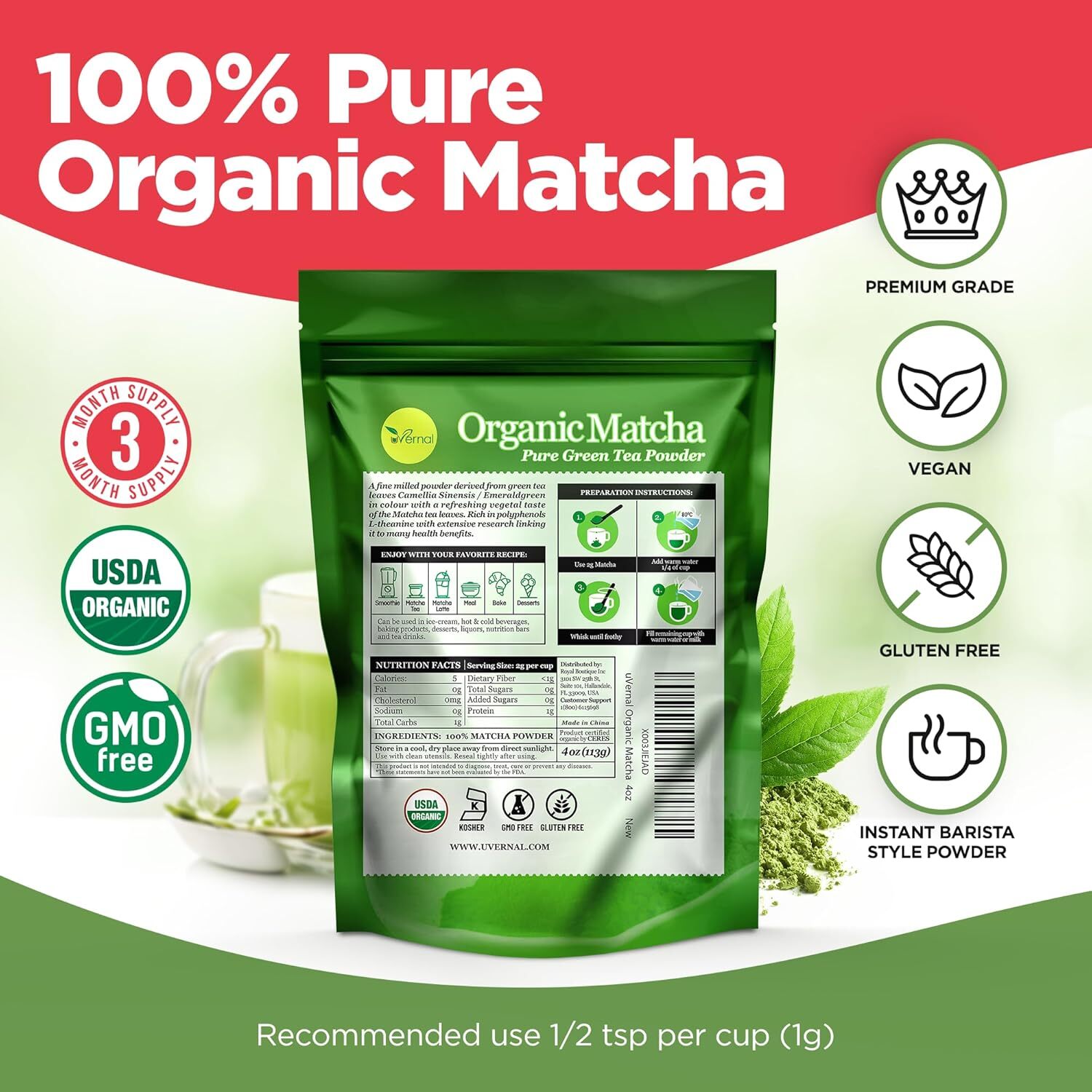 uVernal Organic Matcha Green Tea Powder 4oz – Pure Matcha for Lattes & Smoothies