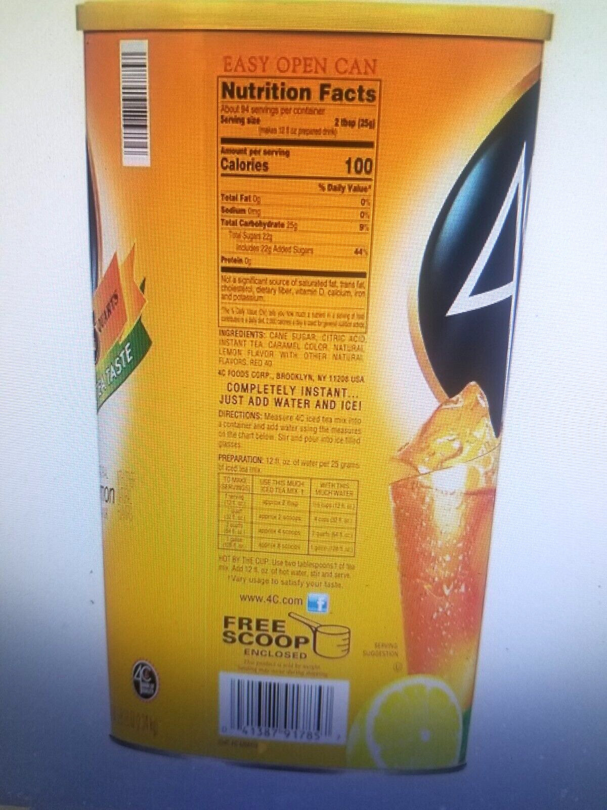 (ONE-82.6 oz.) 35 qt 4C LEMON ICED TEA MIX CANISTER WITH SCOOP INSIDE, KOSHER