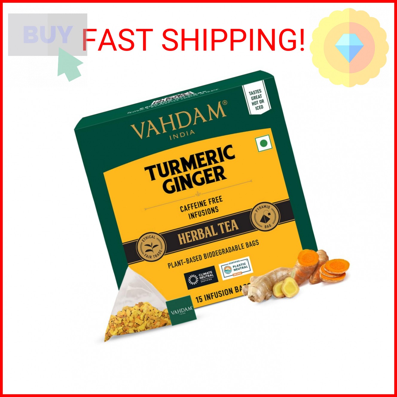 VAHDAM, Turmeric Ginger Herbal Tea Bags (15 Pyramid Tea Bags) Caffeine Free, Non