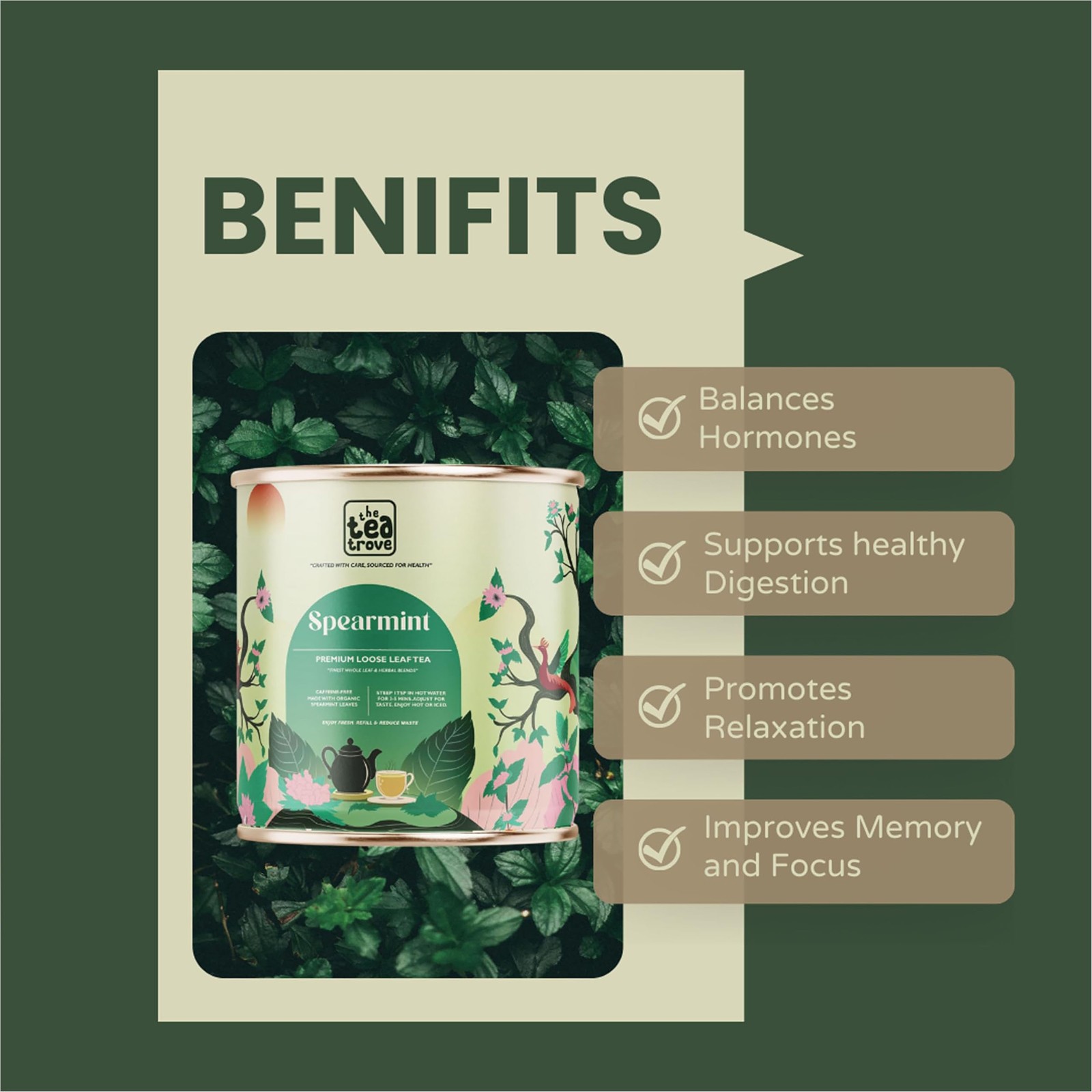 The Tea Trove Organic Spearmint Tea 100g Women PCOS PCOD Herbal Caffeine Free