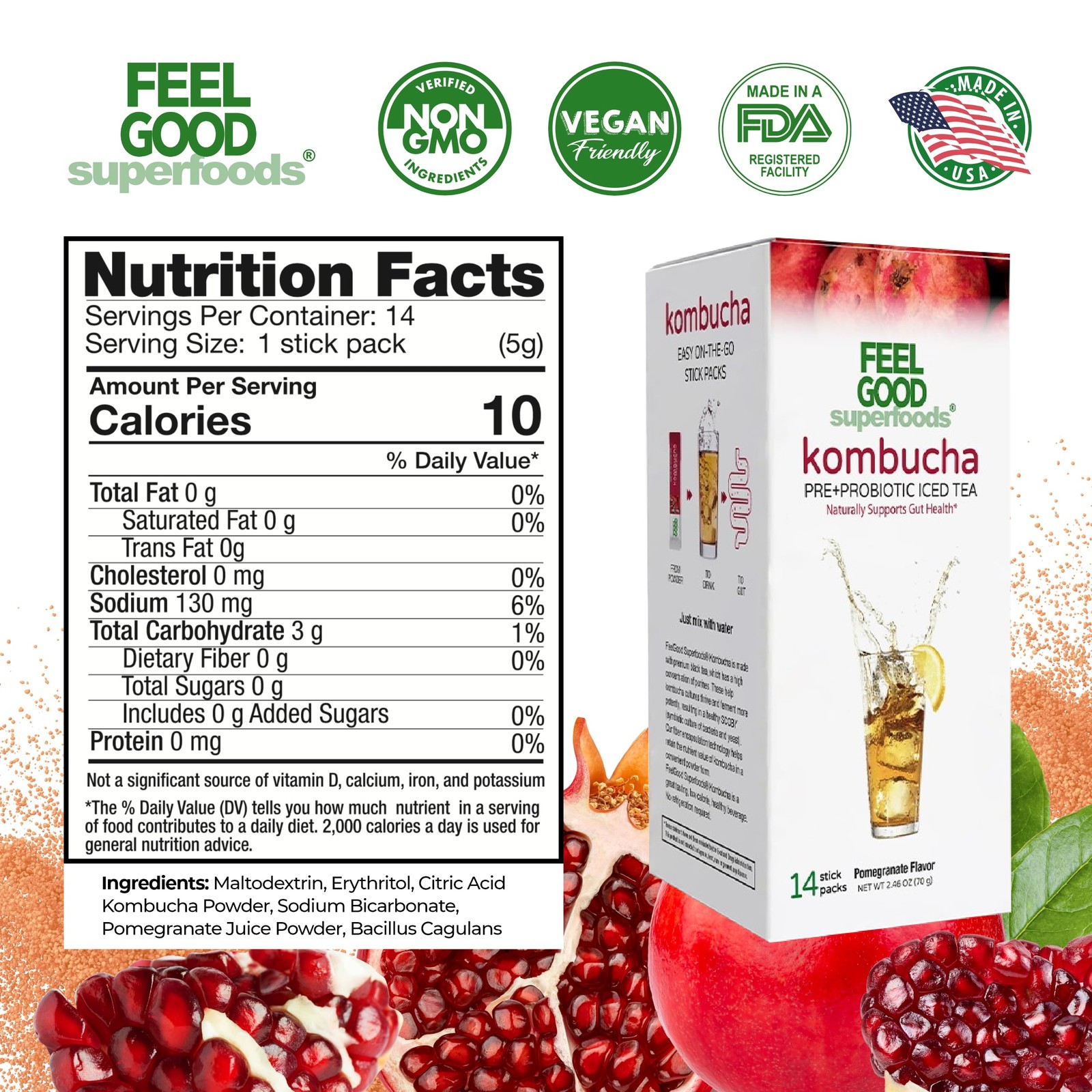 Kombucha Iced Tea Packets, Delicious Pomegranate Flavored Refreshing Instant …