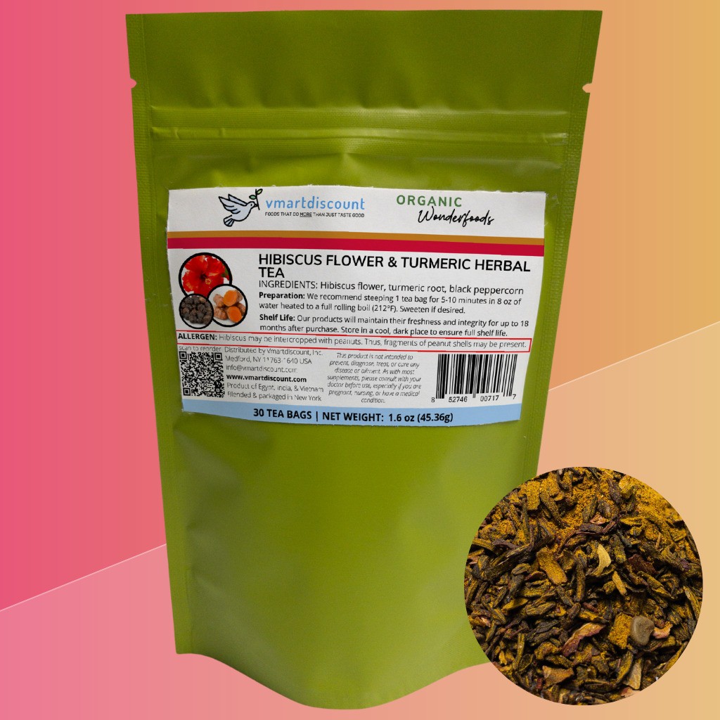 Hibiscus Flower Turmeric Root Herbal Tea 30Tea Bags, All Natural, Caffeine-Free