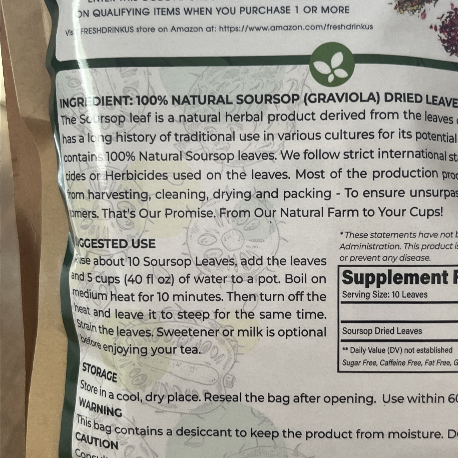 FreshDrinkUS, 330+ Premium Soursop Dried Leafs tea leaves