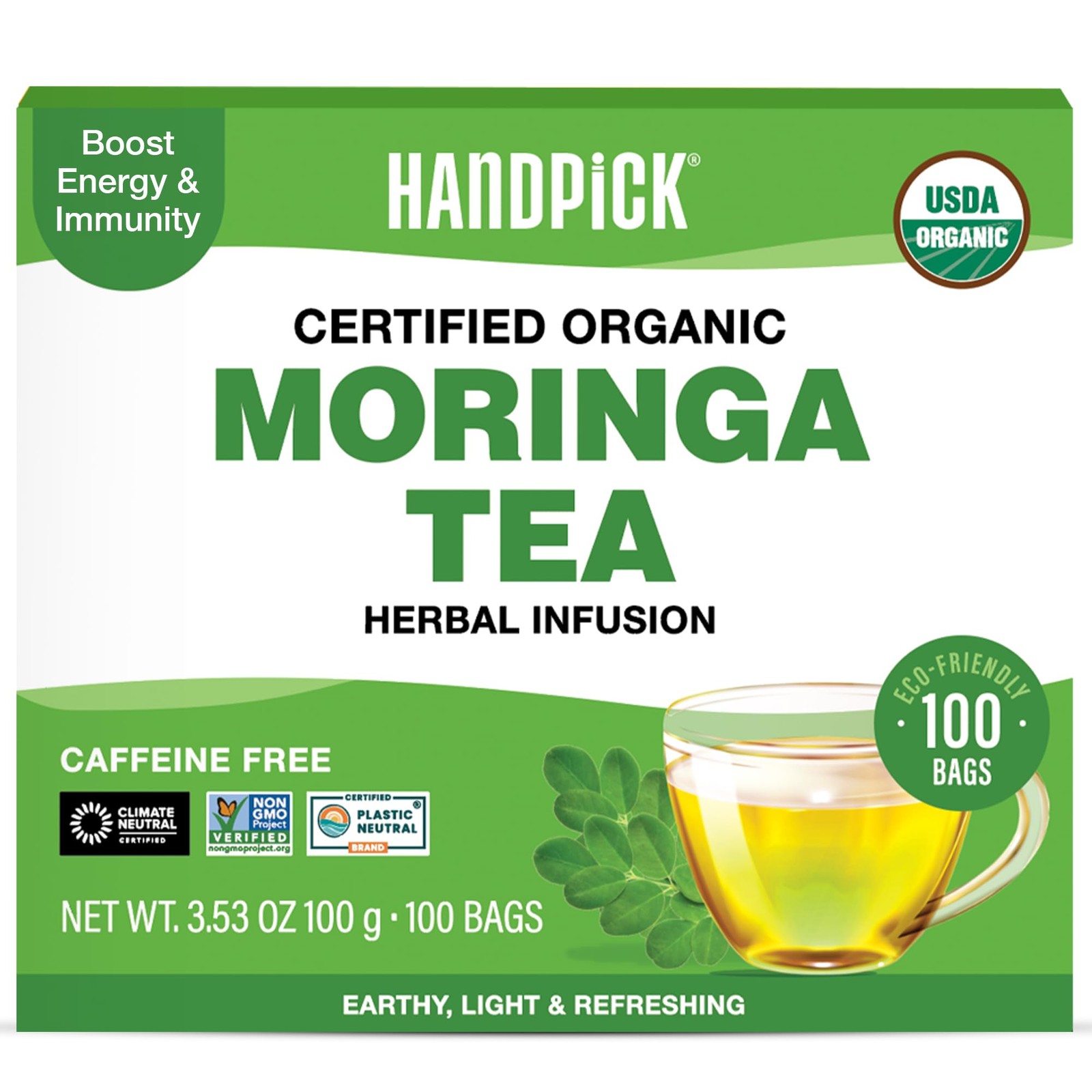 Organic Moringa Tea Bags, 100 Count | Caffeine Free, Non-GMO, Earthy Flavor