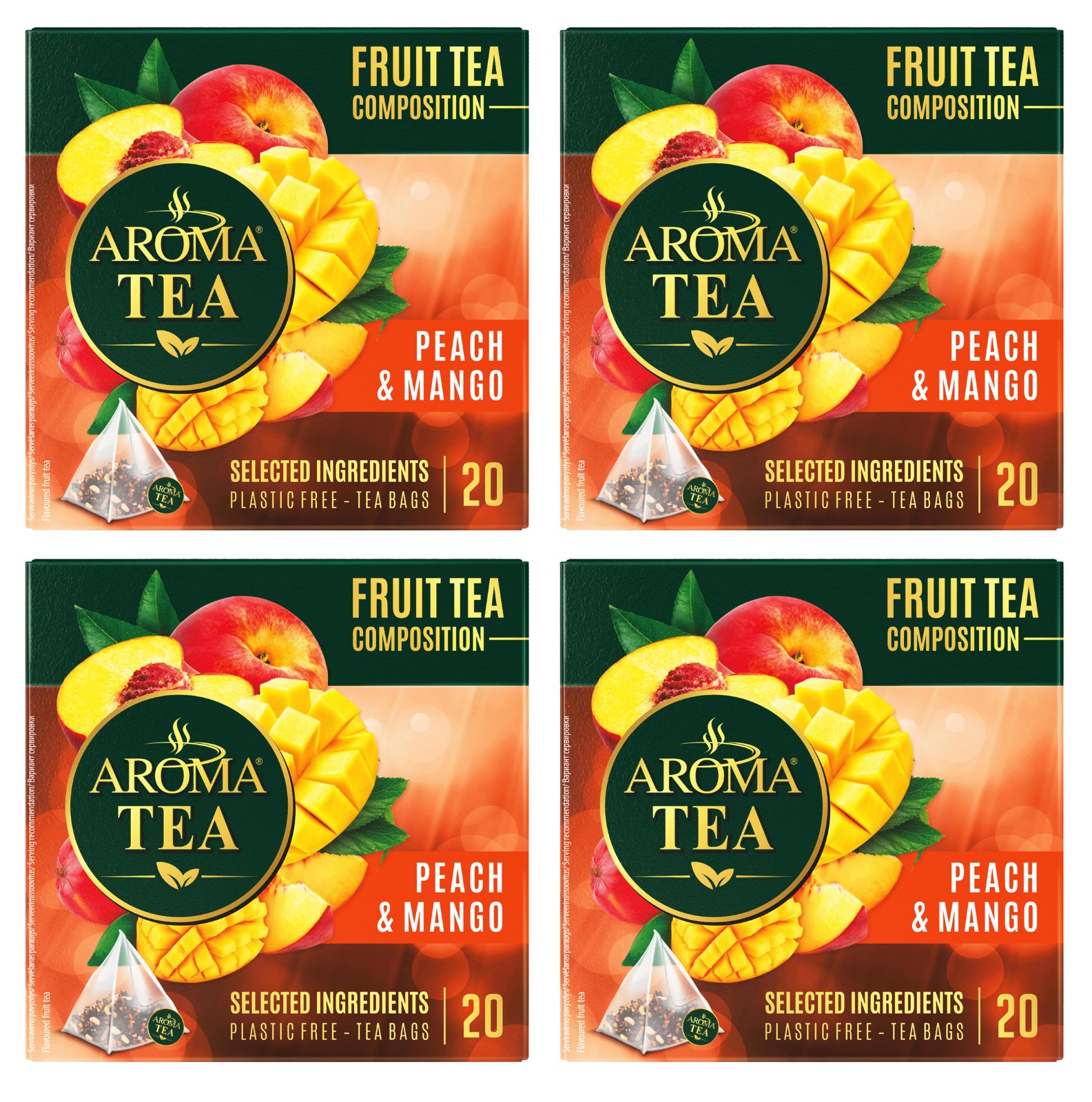 4 AROMA TEA PEACH & MANGO Flavor Fruit Tea Boxes Pyramid Teabags 40g 1.4oz