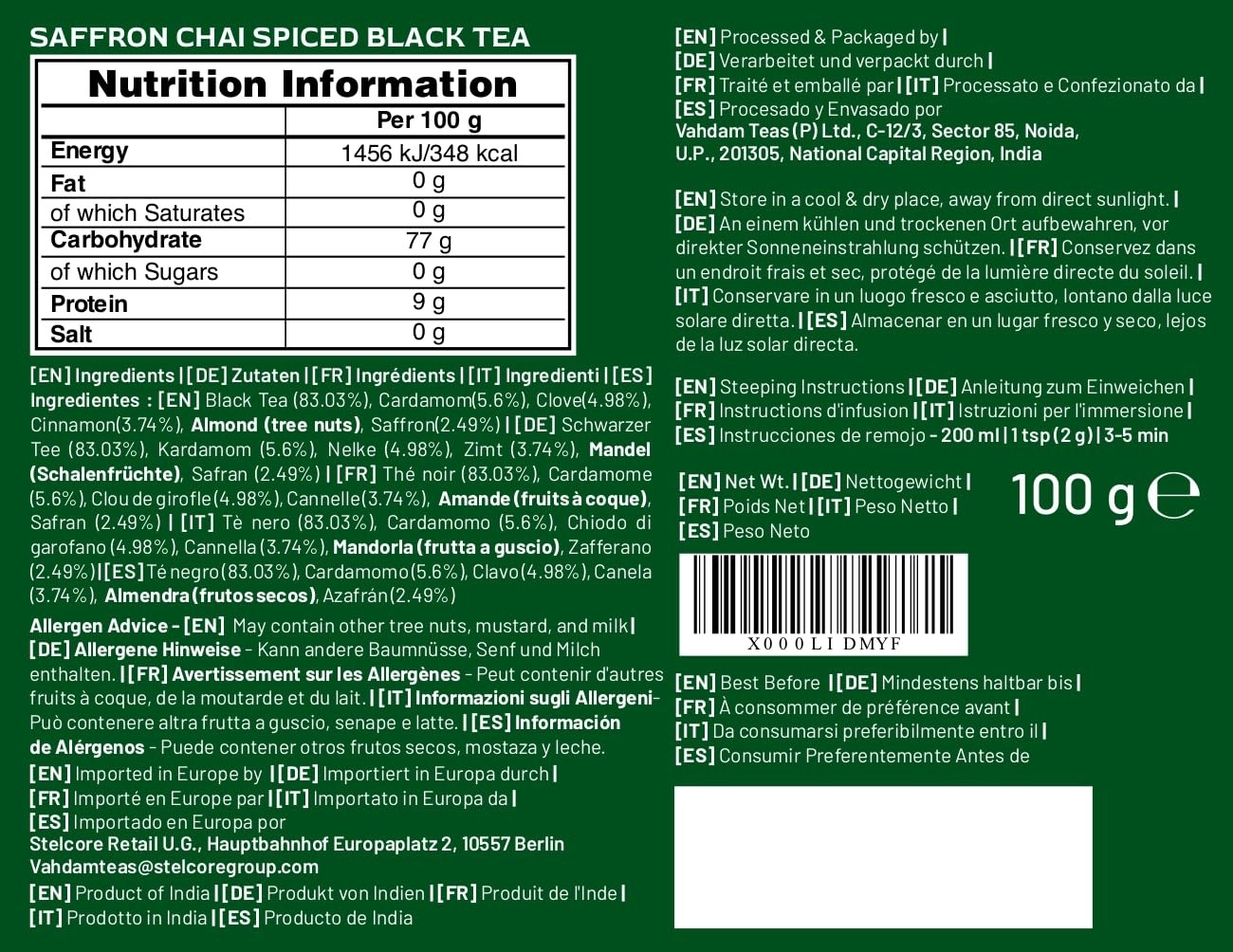 Saffron Spiced Chai Loose Leaf 50 Cups 100g | Black Tea with Cardamom Cinnamo…