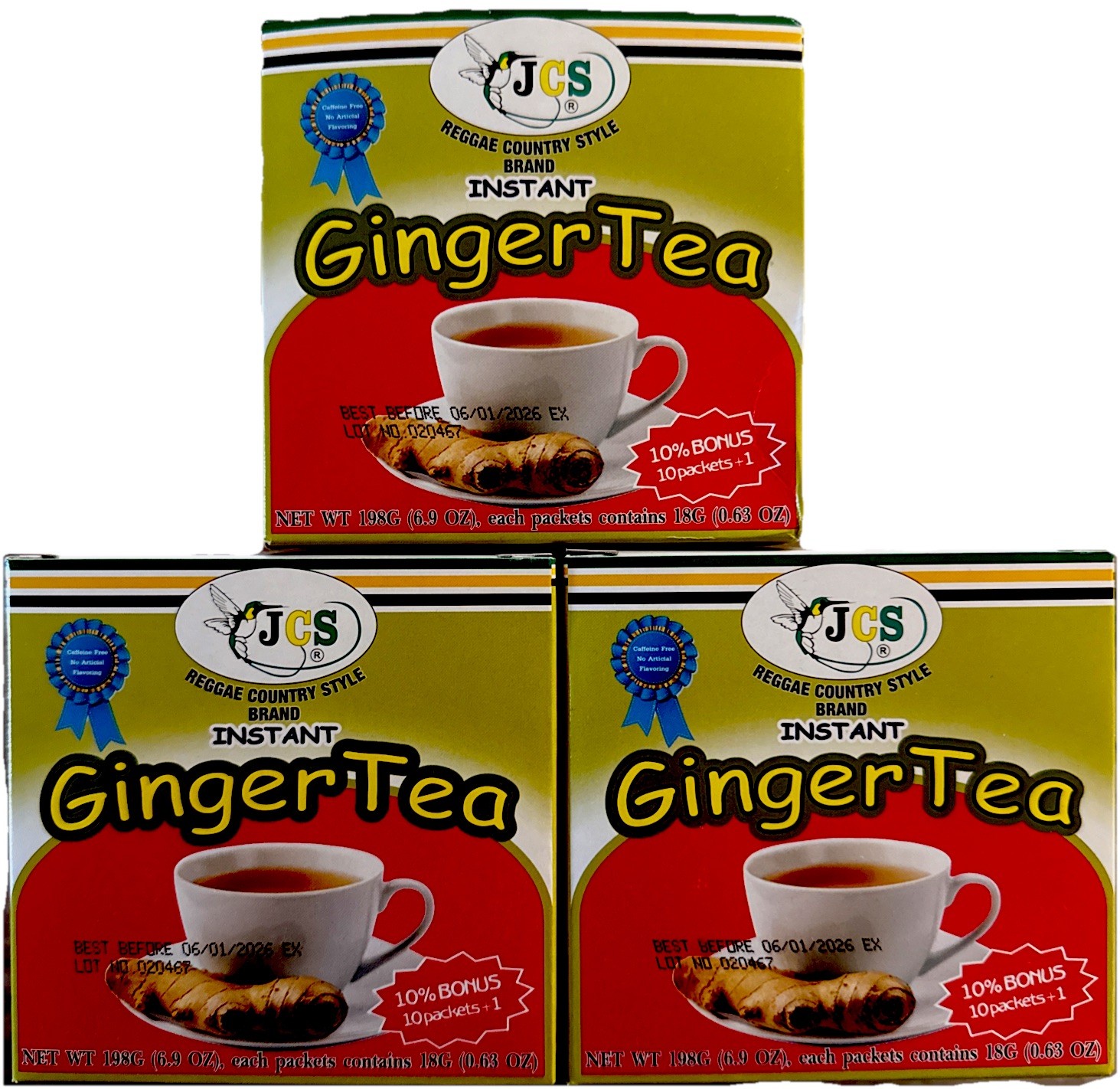 JCS Jamaican Reggae Country Style Instant Ginger Tea,33 packets,18 gm each 3 Box