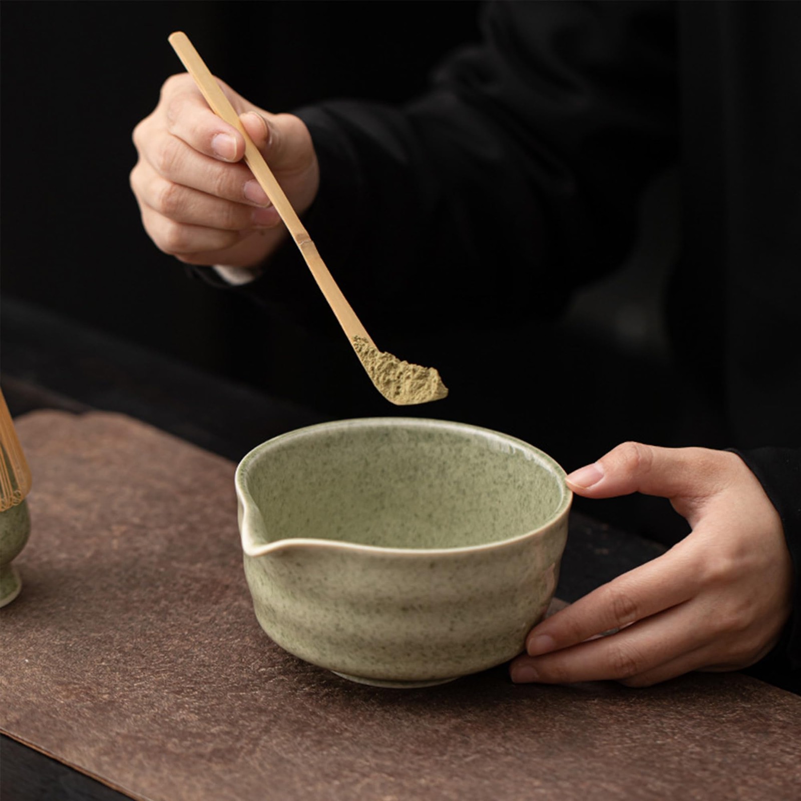 CAMATET Matcha Bowl with Spout, 500 ml/18 oz Ceramic Large, Green