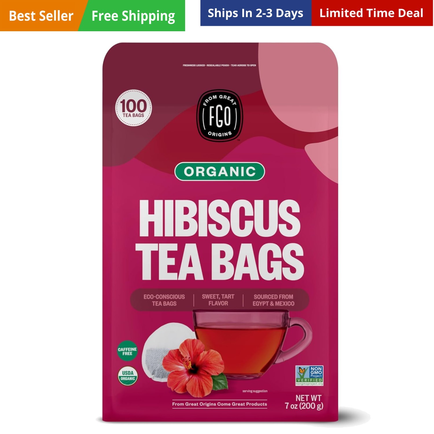 Organic Hibiscus Tea, 100 Count, Eco-Conscious Tea Bags, Caffeine Free, Packa…