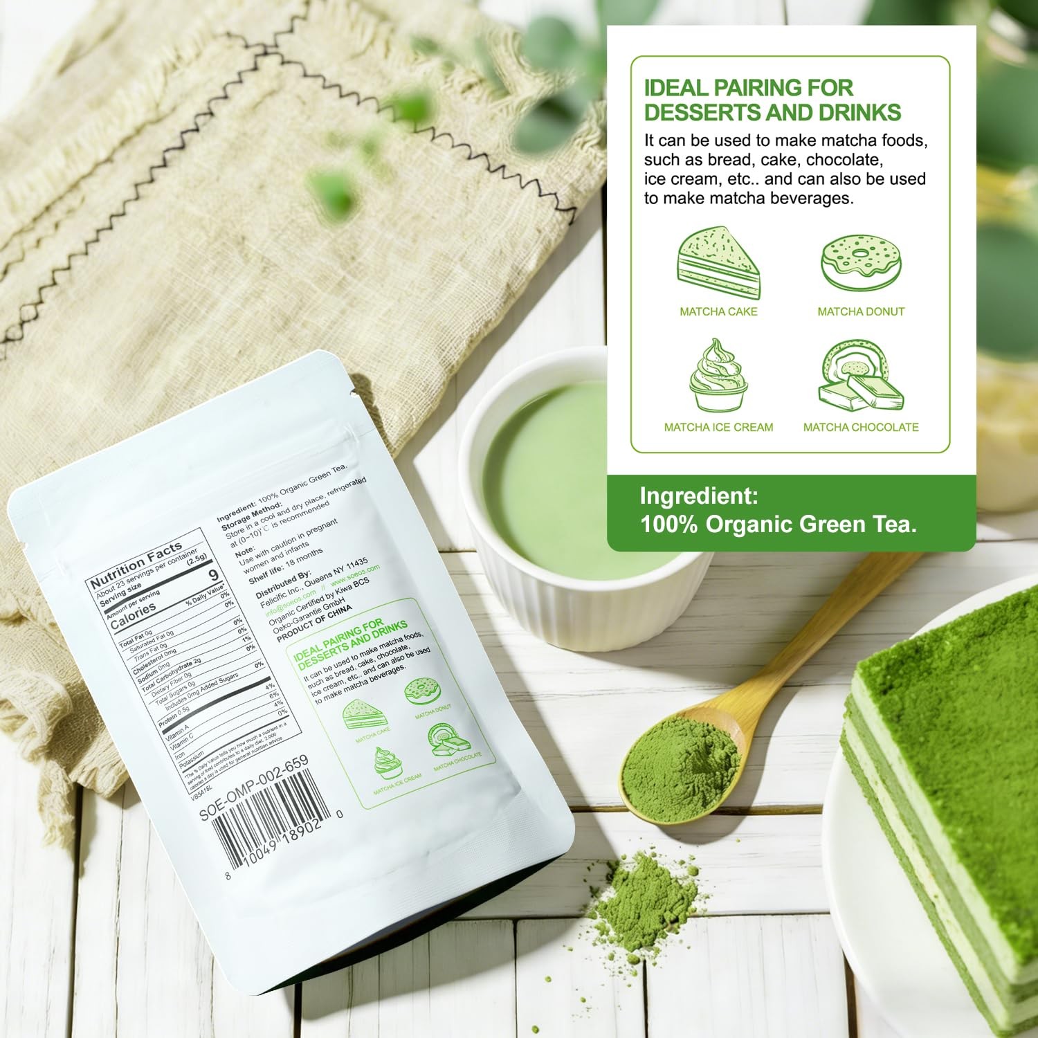 Soeos Organic Matcha Powder, Green Tea 2 2 Ounce (Pack of 4)