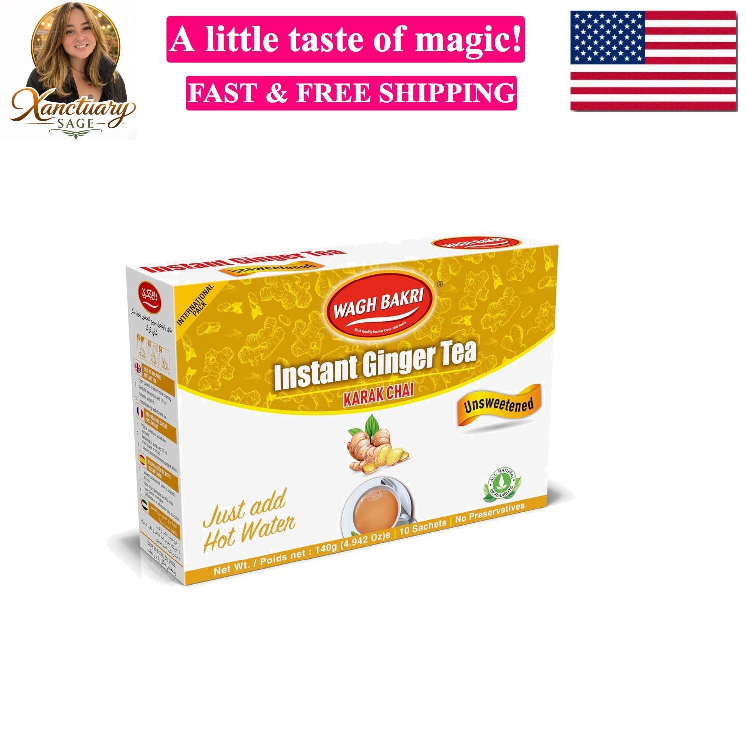 Instant Ginger Tea, Unsweetened, No Added Sugar, 140grams, 10 Sachets [Intern…