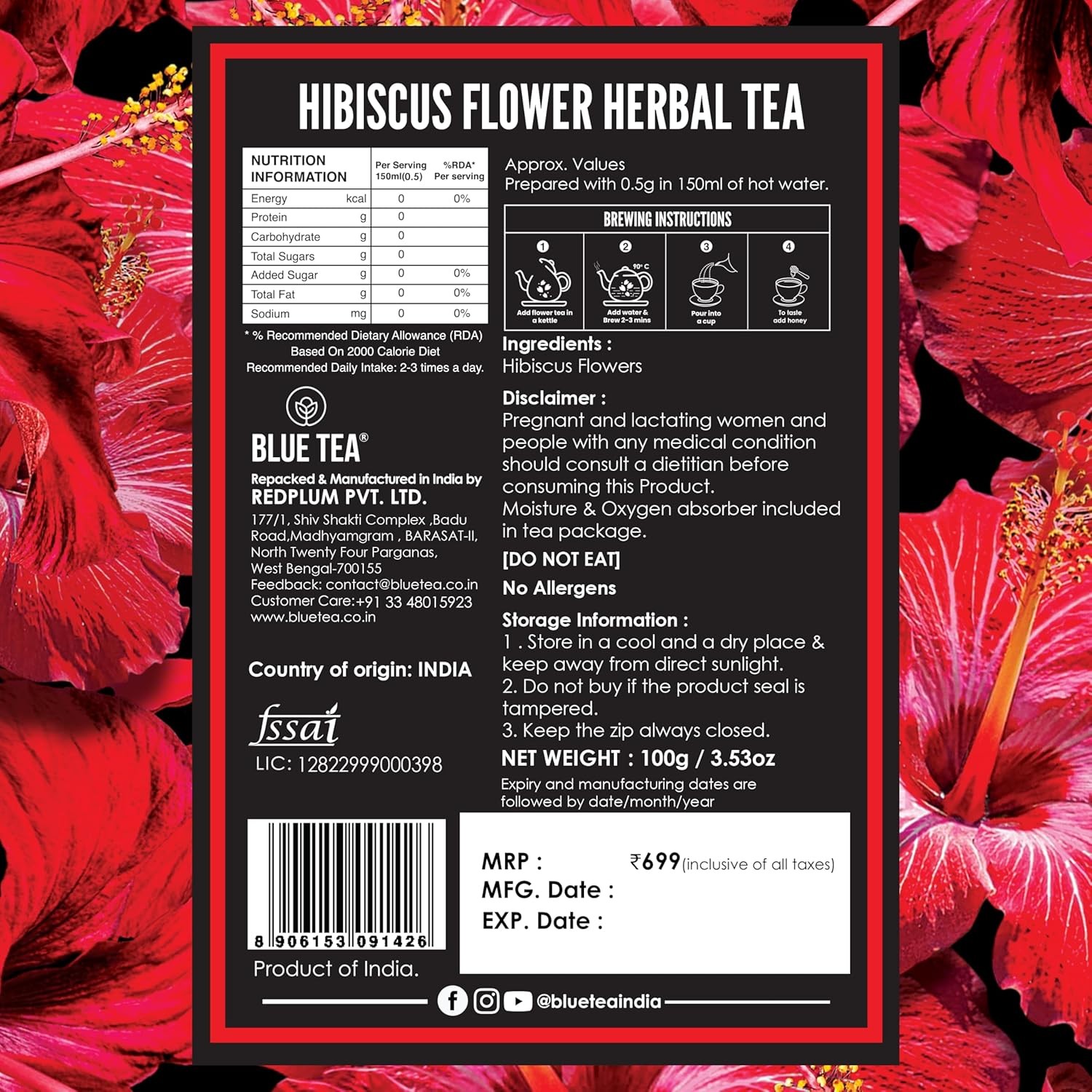 Blue Tea Hibiscus Flowers Tea For Unisex 100g