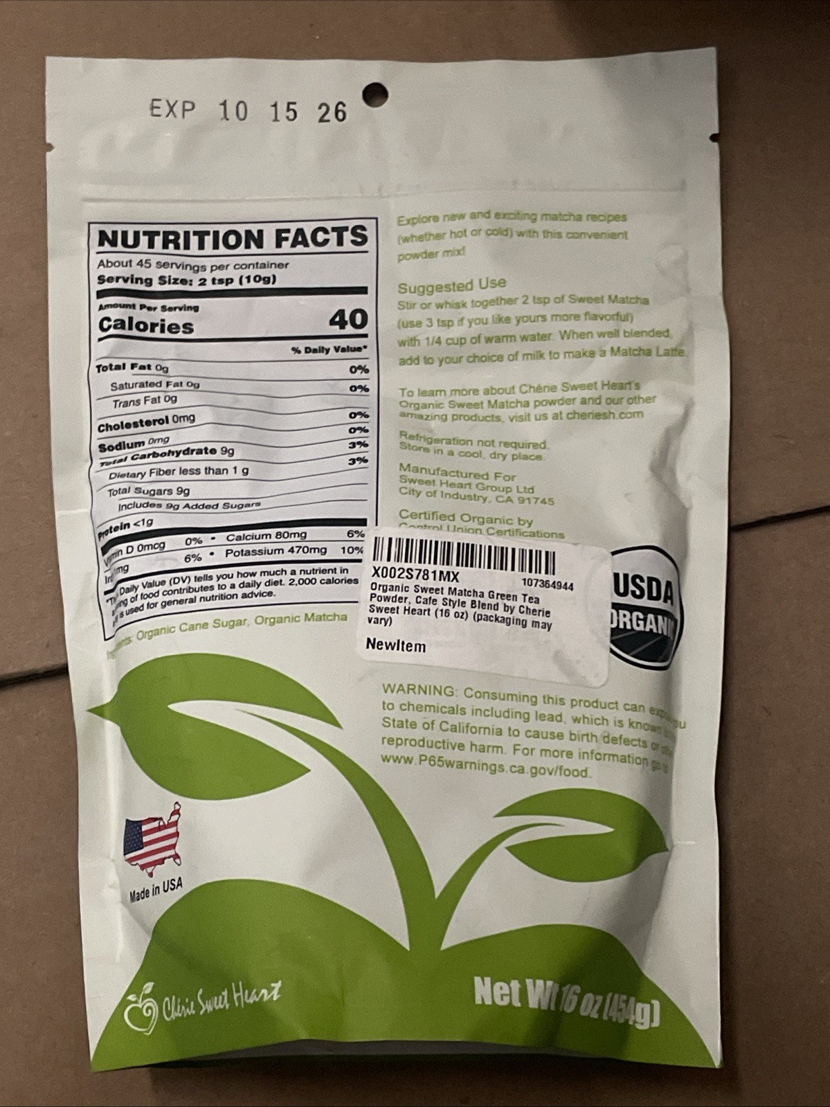 Cherie Sweet Heart Organic Sweet Matcha Powder- 1 Lb
