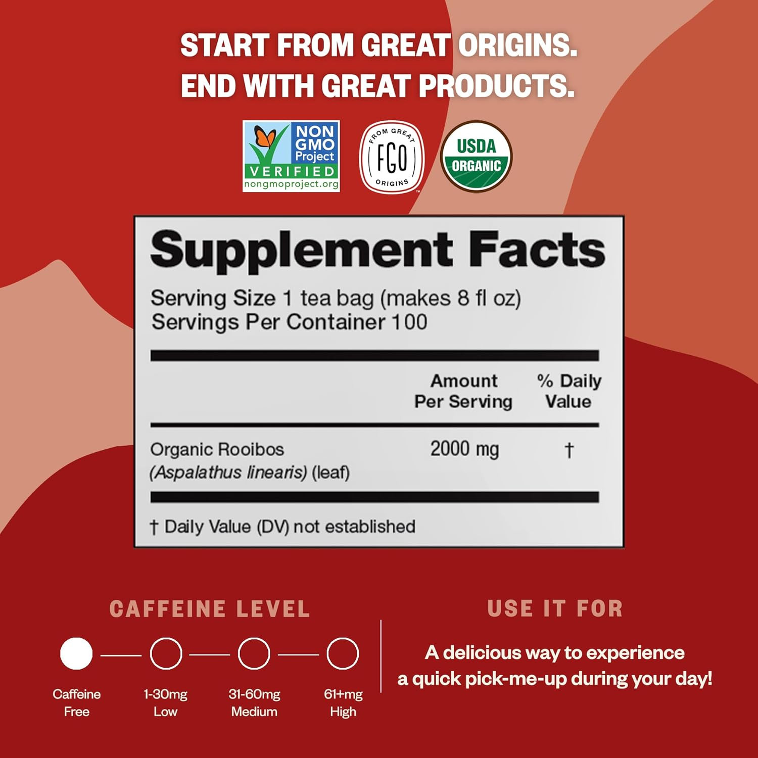 FGO Organic Rooibos Herbal Tea Bags, Caffeine Free, Eco Tea Bags, 100 ct