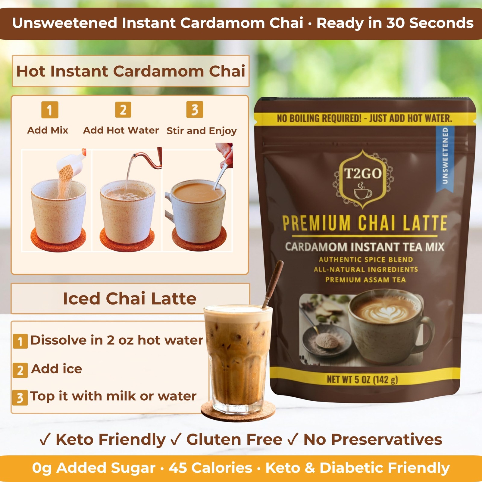 T2GO Unsweetened Cardamom Chai Latte Powder – 45 Calorie Instant Masala Chai …