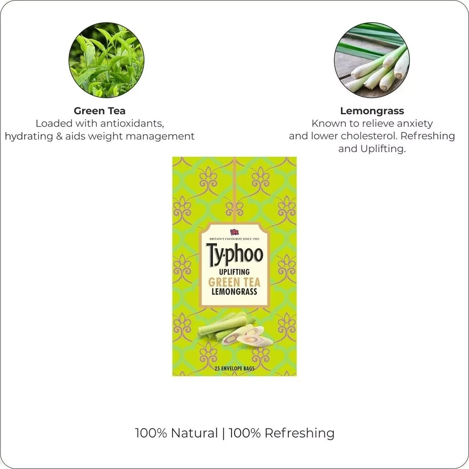 Ty-phoo Uplifting Lemon Grass Green Tea Bags (25 Tea Bags) Free Shipping