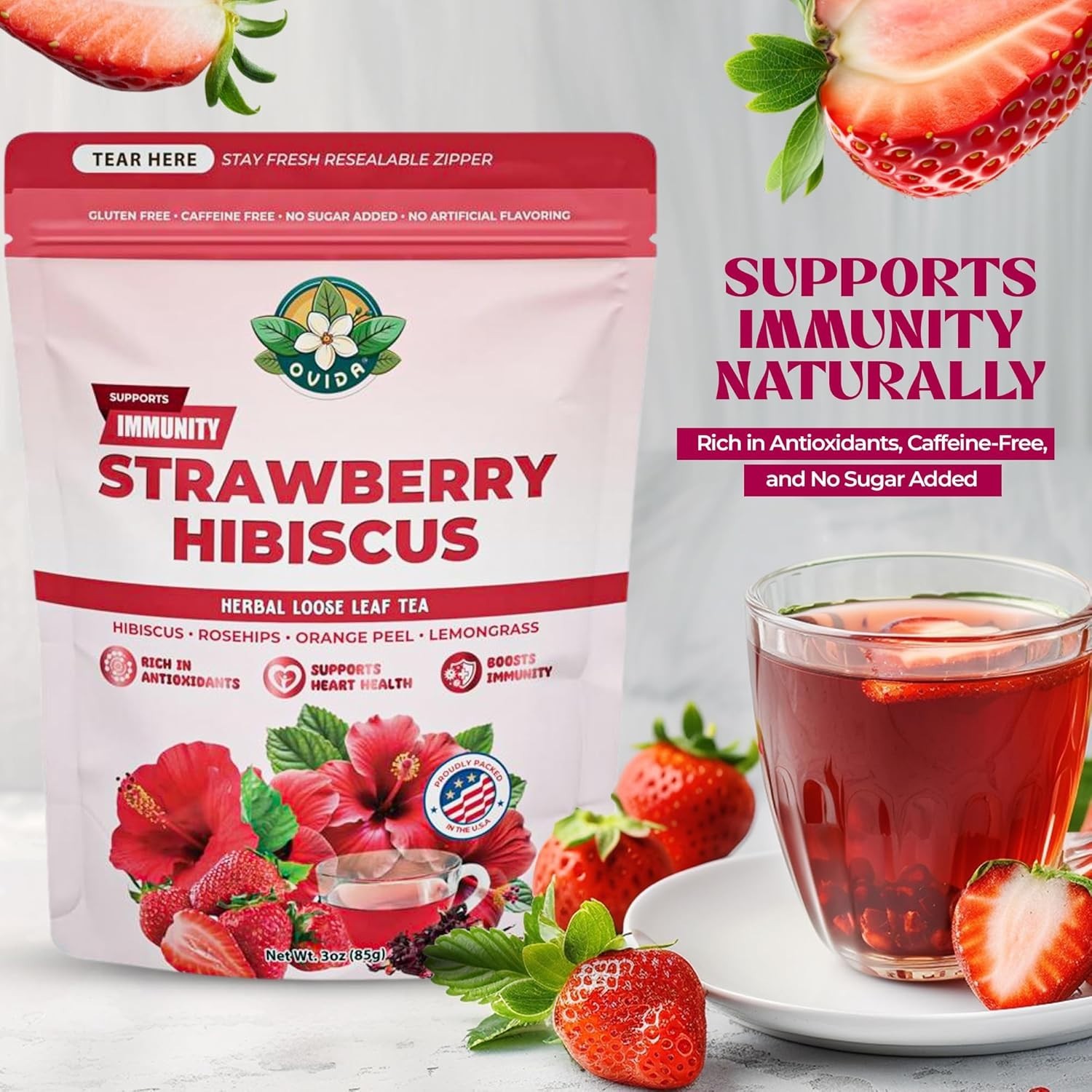 Strawberry Hibiscus Tea, Caffeine-Free Antioxidant Herbal Blend, Loose Leaf 3oz,