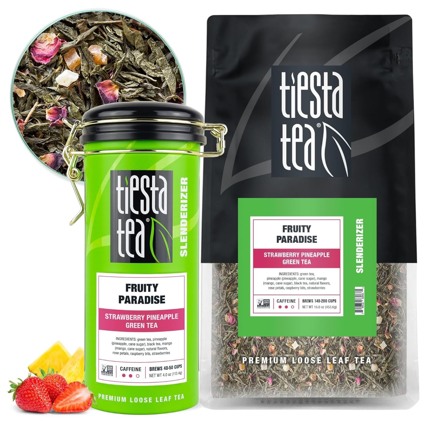 Green Tea: Fruity Paradise, Medium Caffeine, Bulk Pouch + Tin