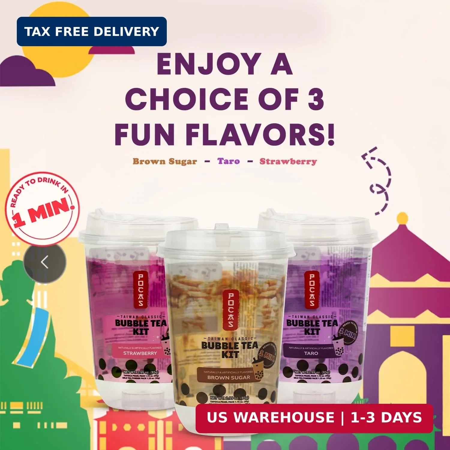 Pocas Bubble Tea Kit, Variety 6-Pack Party Set – Strawberry, Taro, and Brown Sug