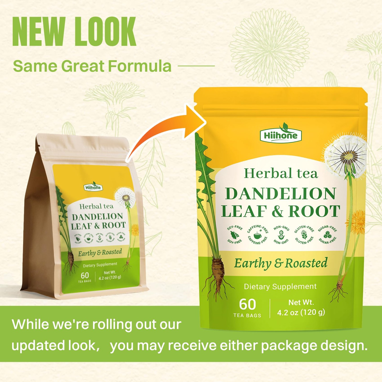 Hiihone Dandelion Root & Leaf Tea Bags 60 Count – Caffeine-Free Dandelion Herbal