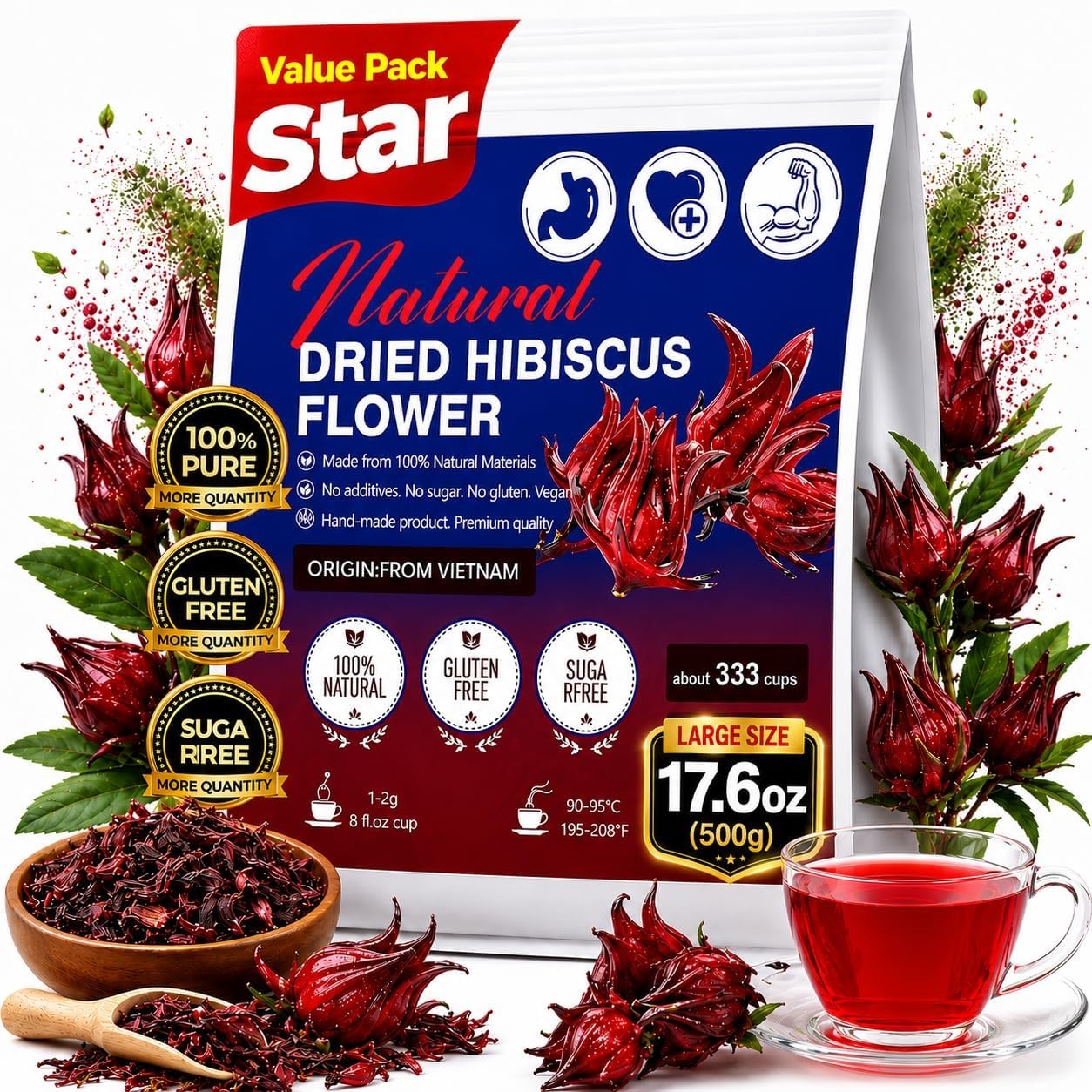 Premium 80 Hibiscus Flower Tea Bags (Flor de Jamaica) – Natural, Tart &