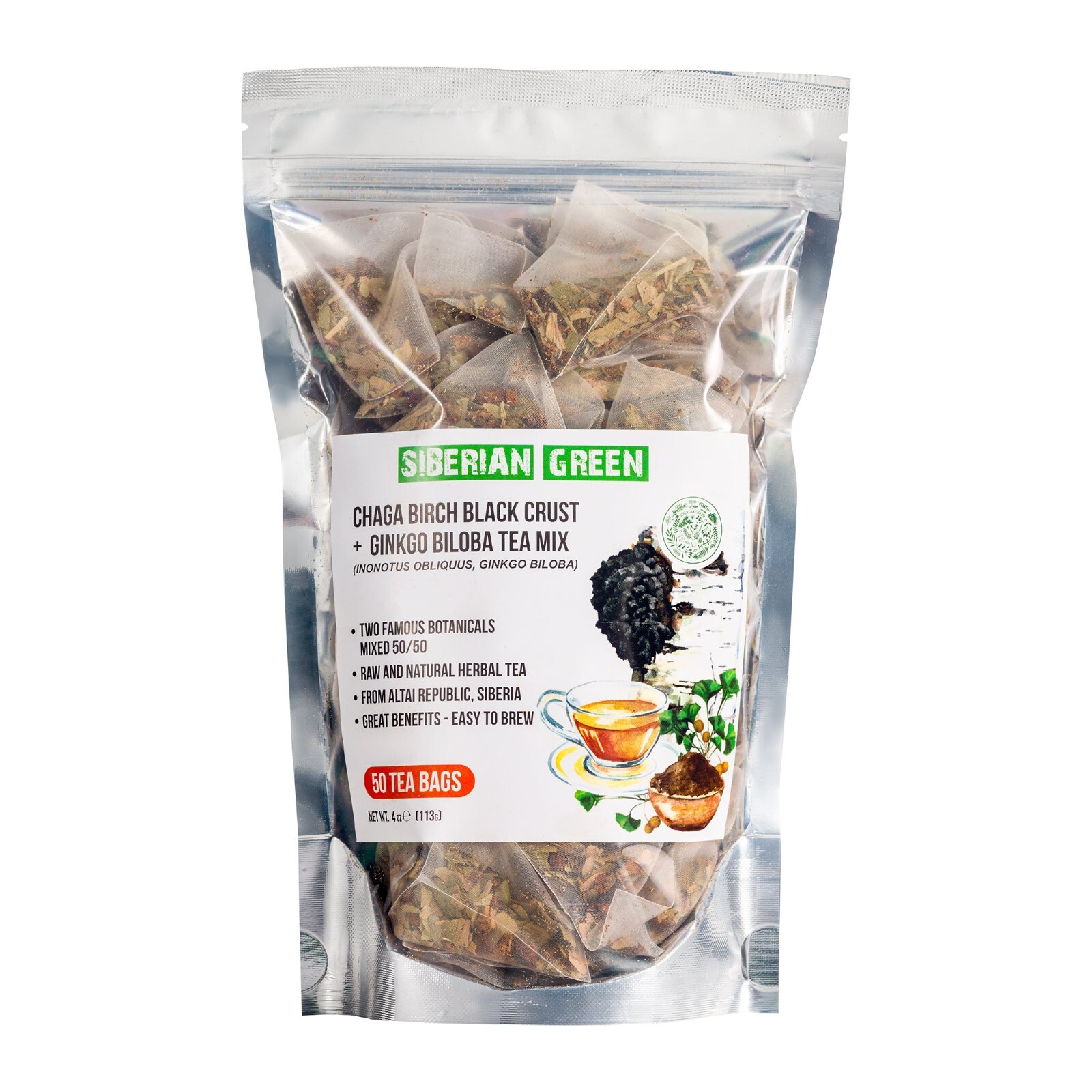 Siberian Green Ginkgo Biloba Tea with Chaga – 50 Tea Bags
