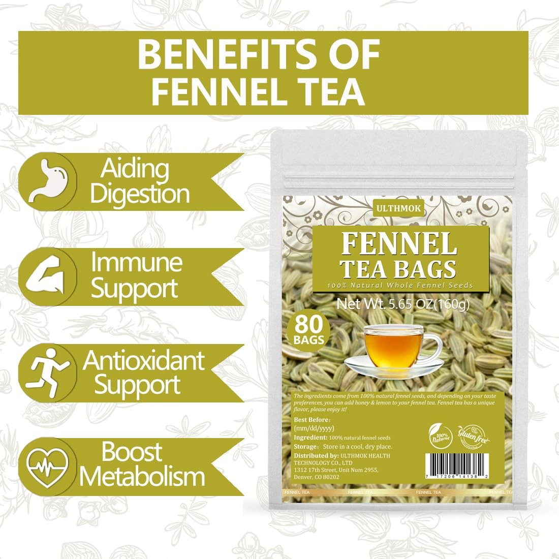 Premium Fennel Tea Bags, 80 Bags. Made with Natural 80 Count (Pack of 1)