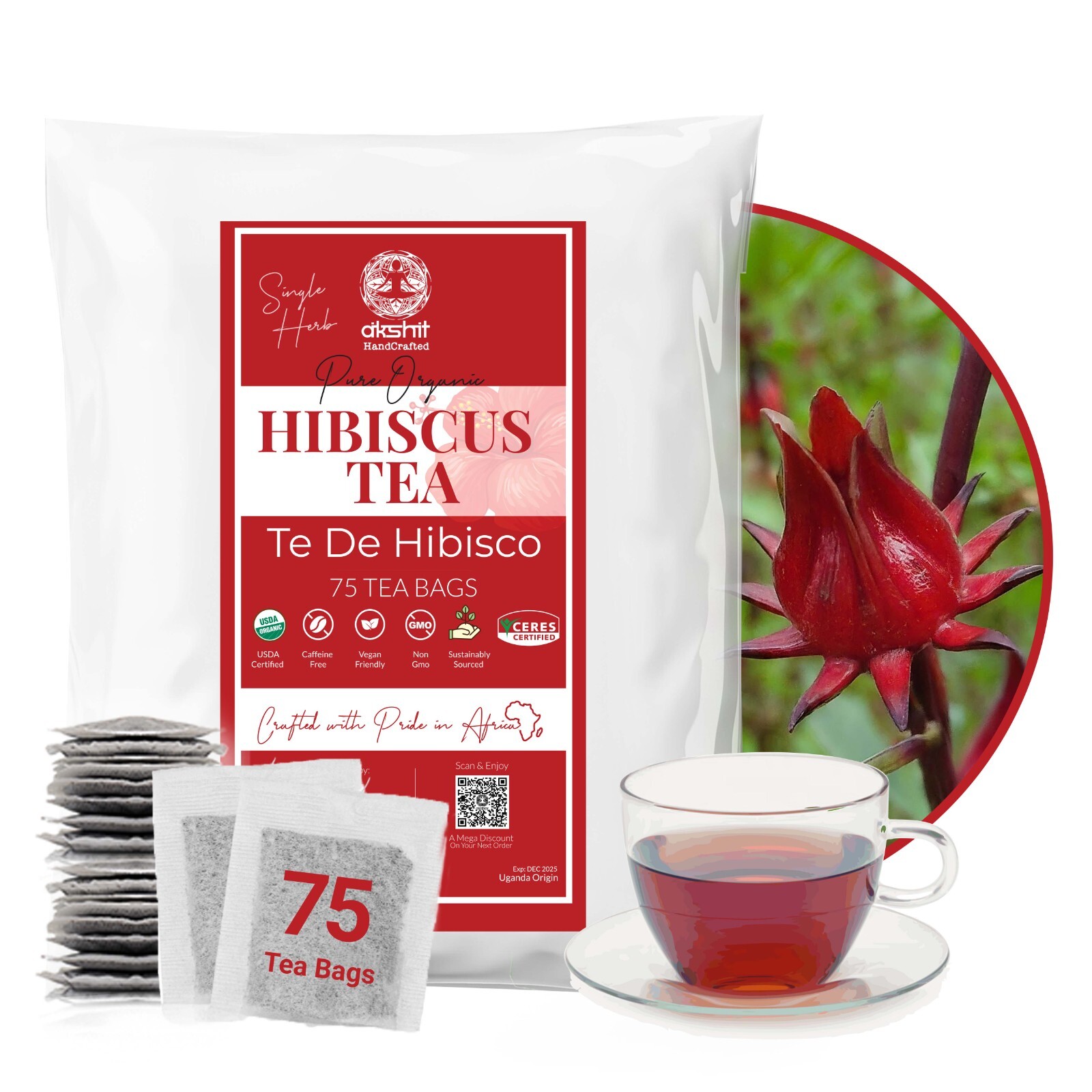 75 Organic Hibiscus Tea Bags, All Natural Pure Hibiscus Tea, Herbal Tea