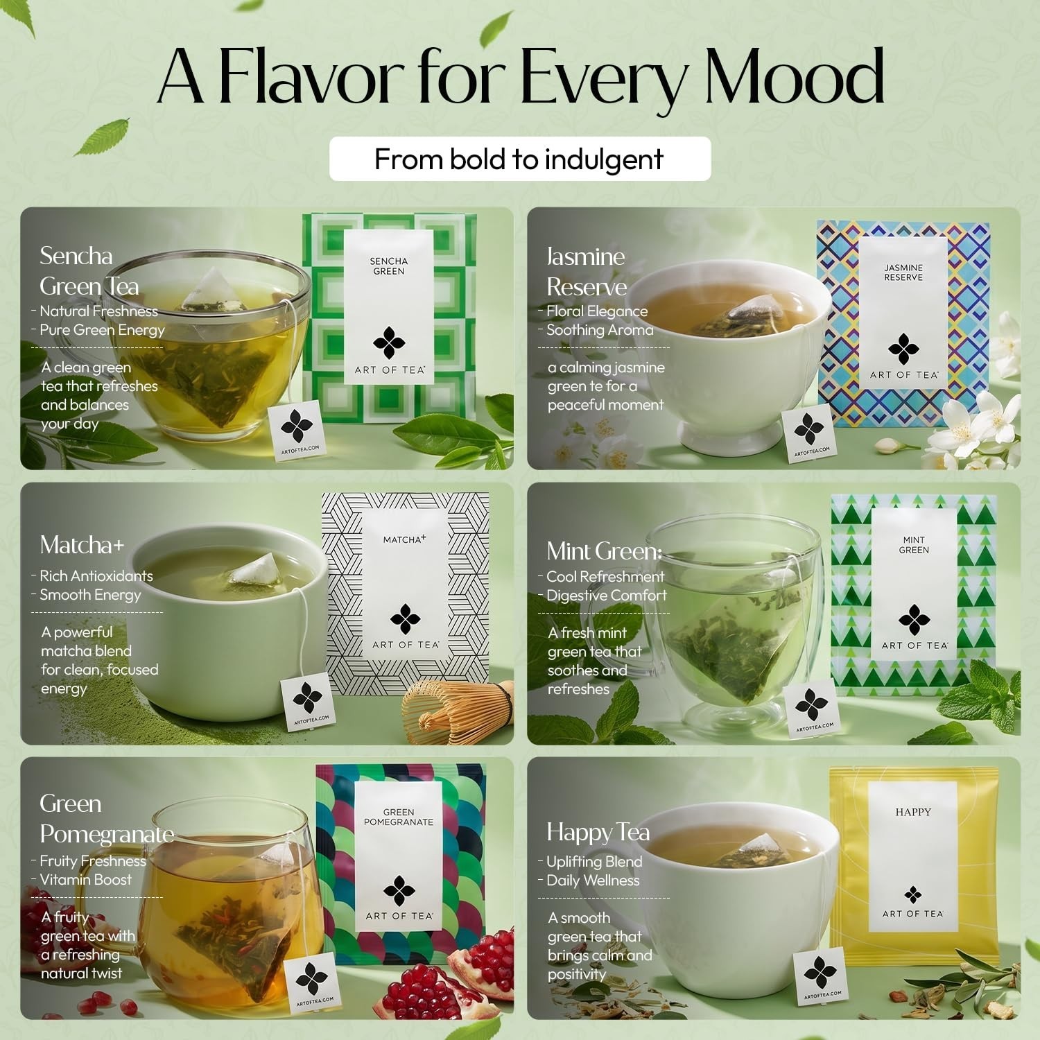 Art of Tea Green Tea Sampler 50 Count Variety Pack Sencha Jasmine Matcha Mint