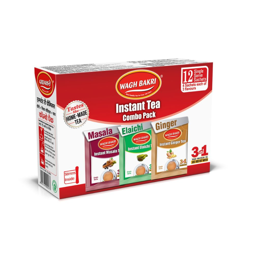 Wagh Bakri Instant Tea Premix Combo Cardamom Ginger Masala 12 Sachets
