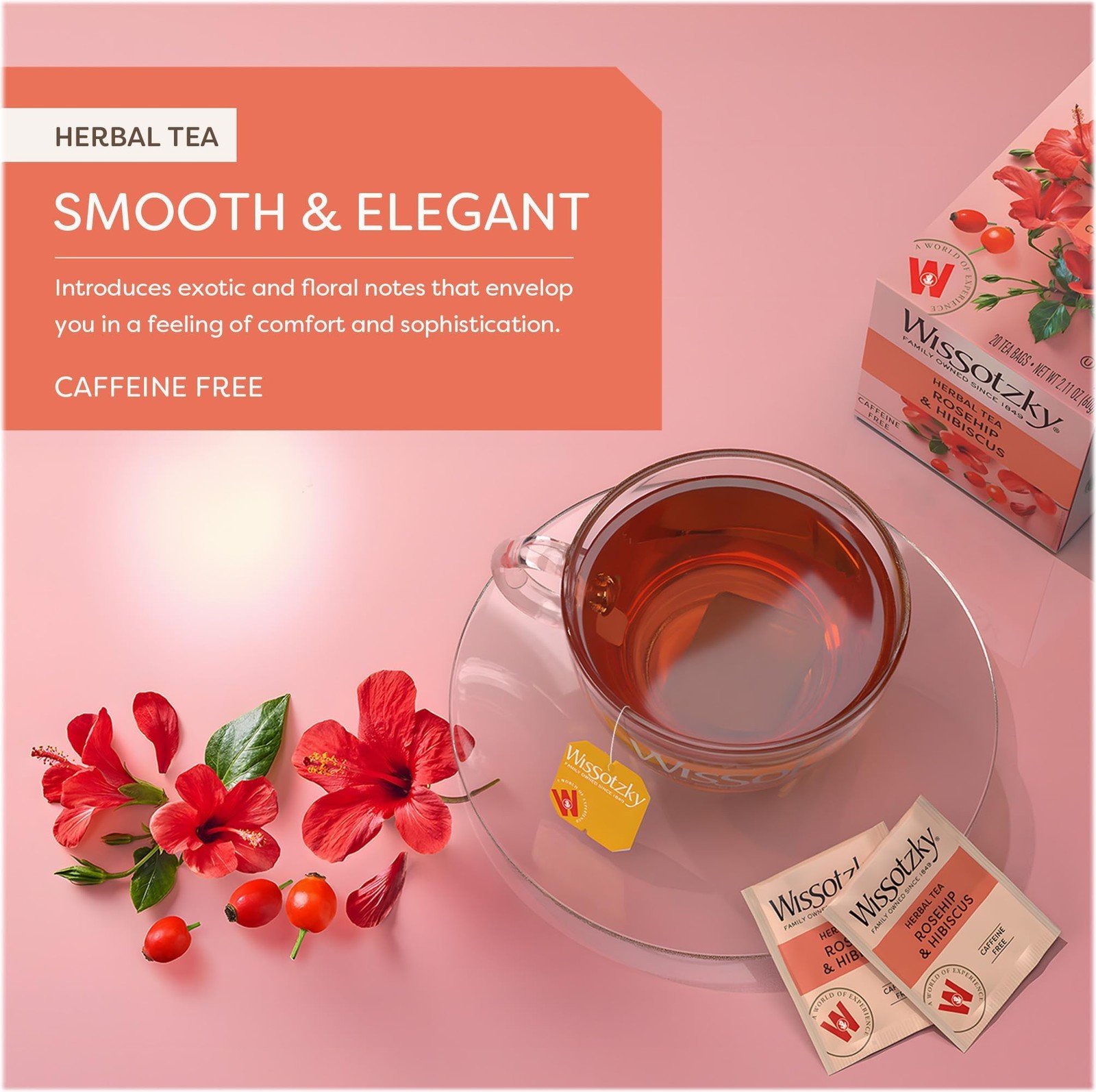 Rosehip Hibiscus Herbal Tea – Caffeine-Free Immune Boost 3 Pack, 60 Bags