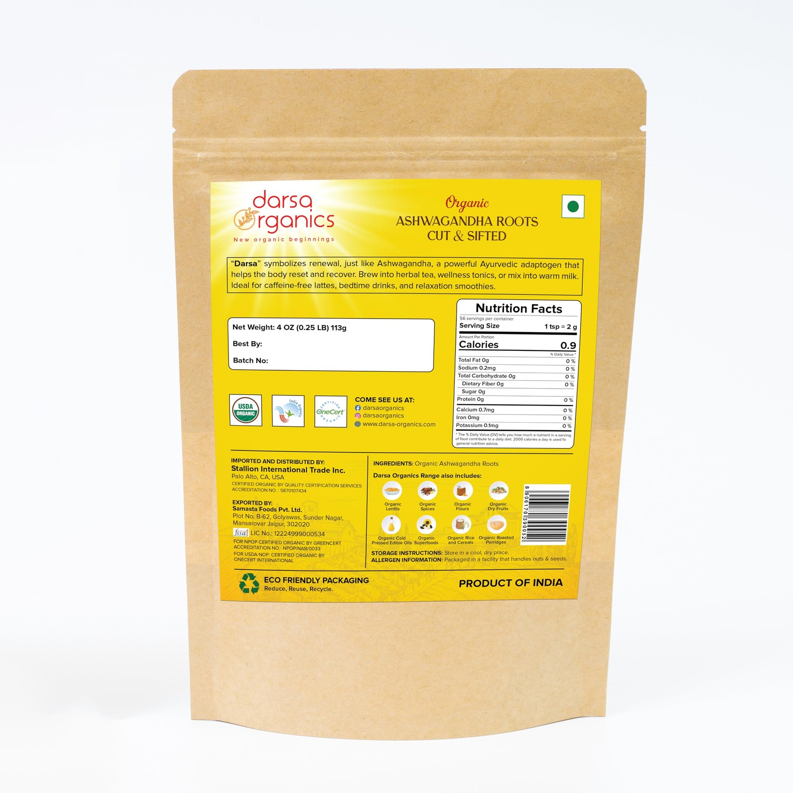 Darsa Organics Ashwagandha Root Cut & Sifted 4 oz – USDA Organic Ashwagandha…