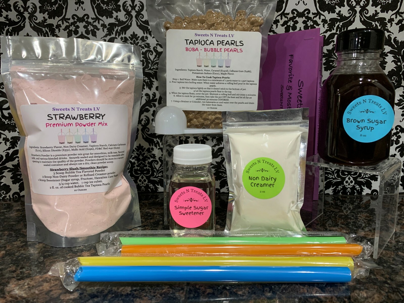 Premium Assorted Powder Boba Bubble Tea Tapioca Pearls Brown Sugar Syrup DIY KIT