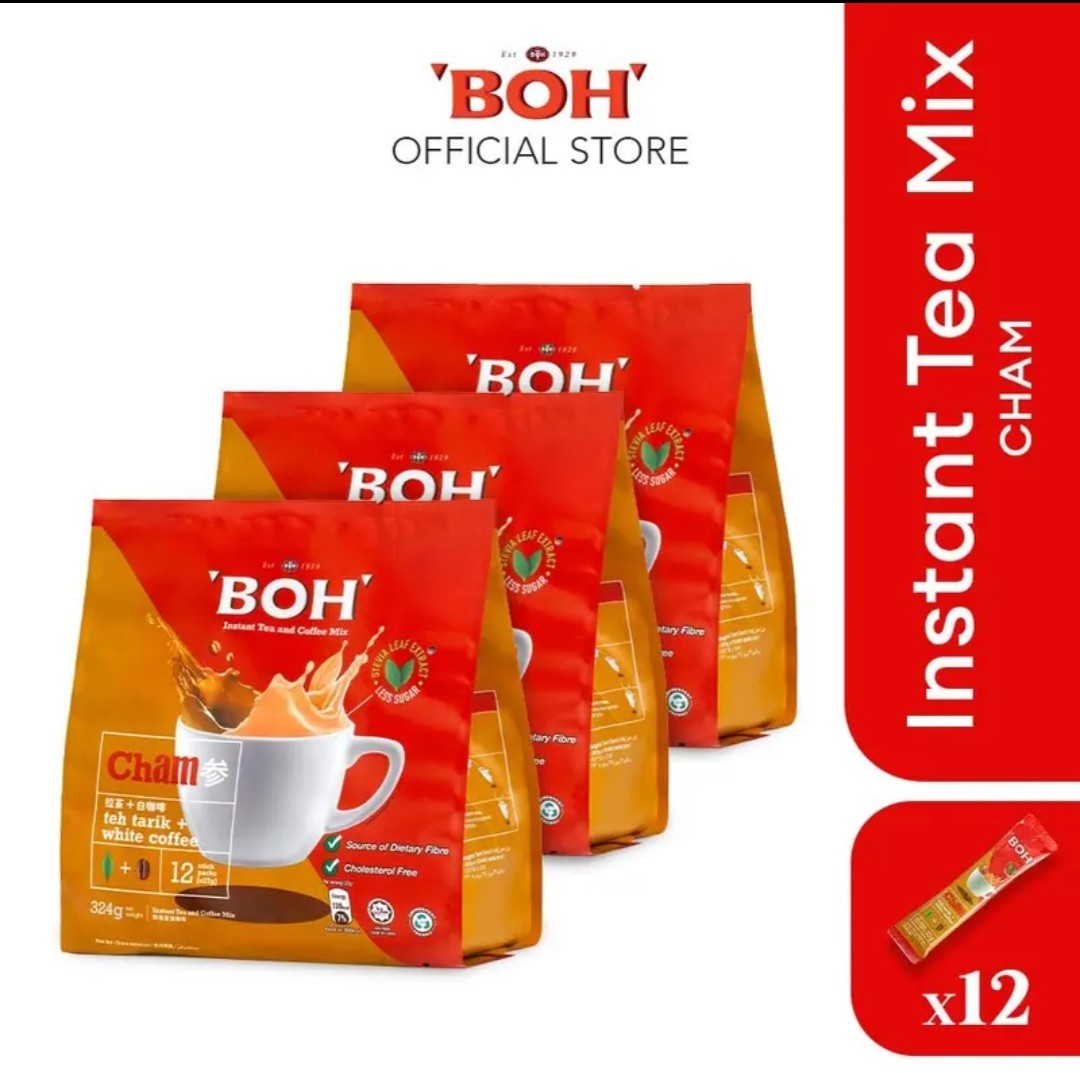 3packs BOH Cham 3in1 Instant Tea Tarik + White Coffee Mix 12 Sticks less sugar