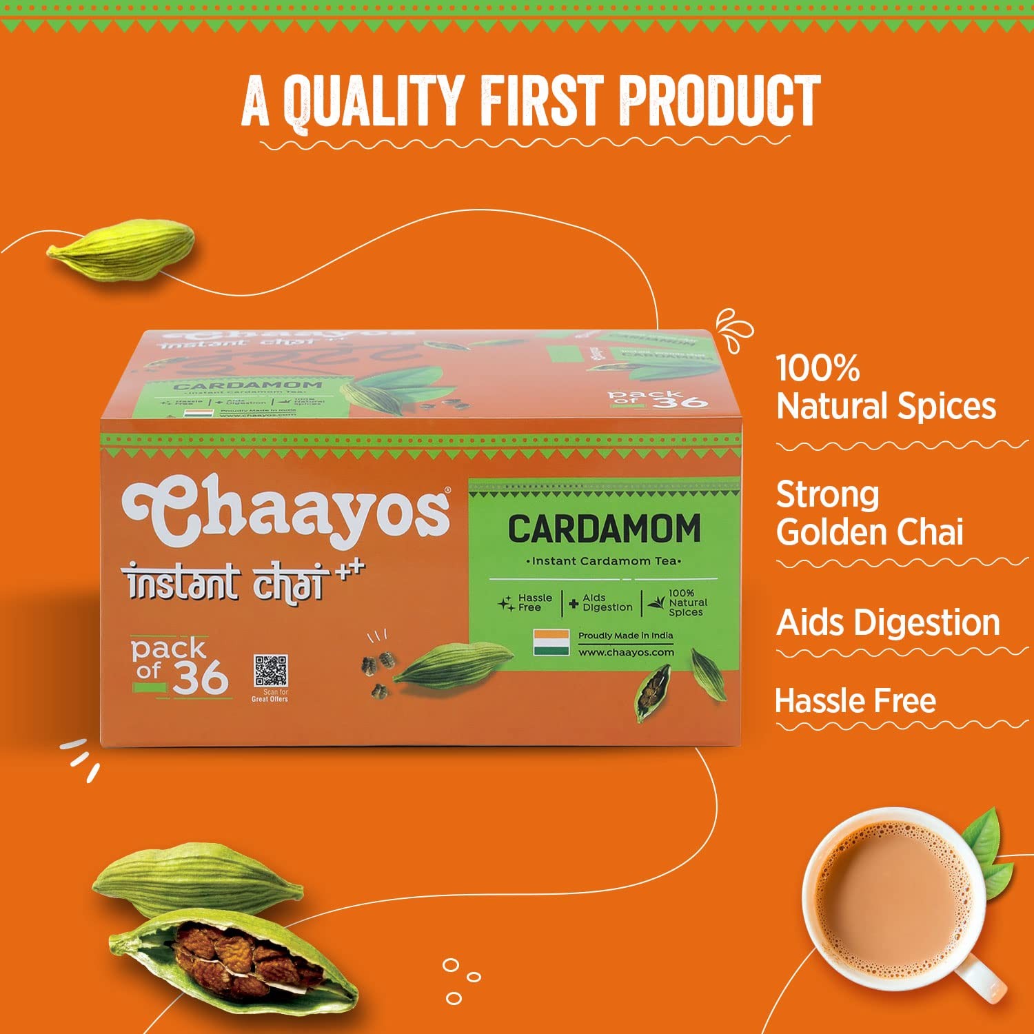 Chaayos Cardamom Instant Tea Premix | 36 Sachets Regular Sugar