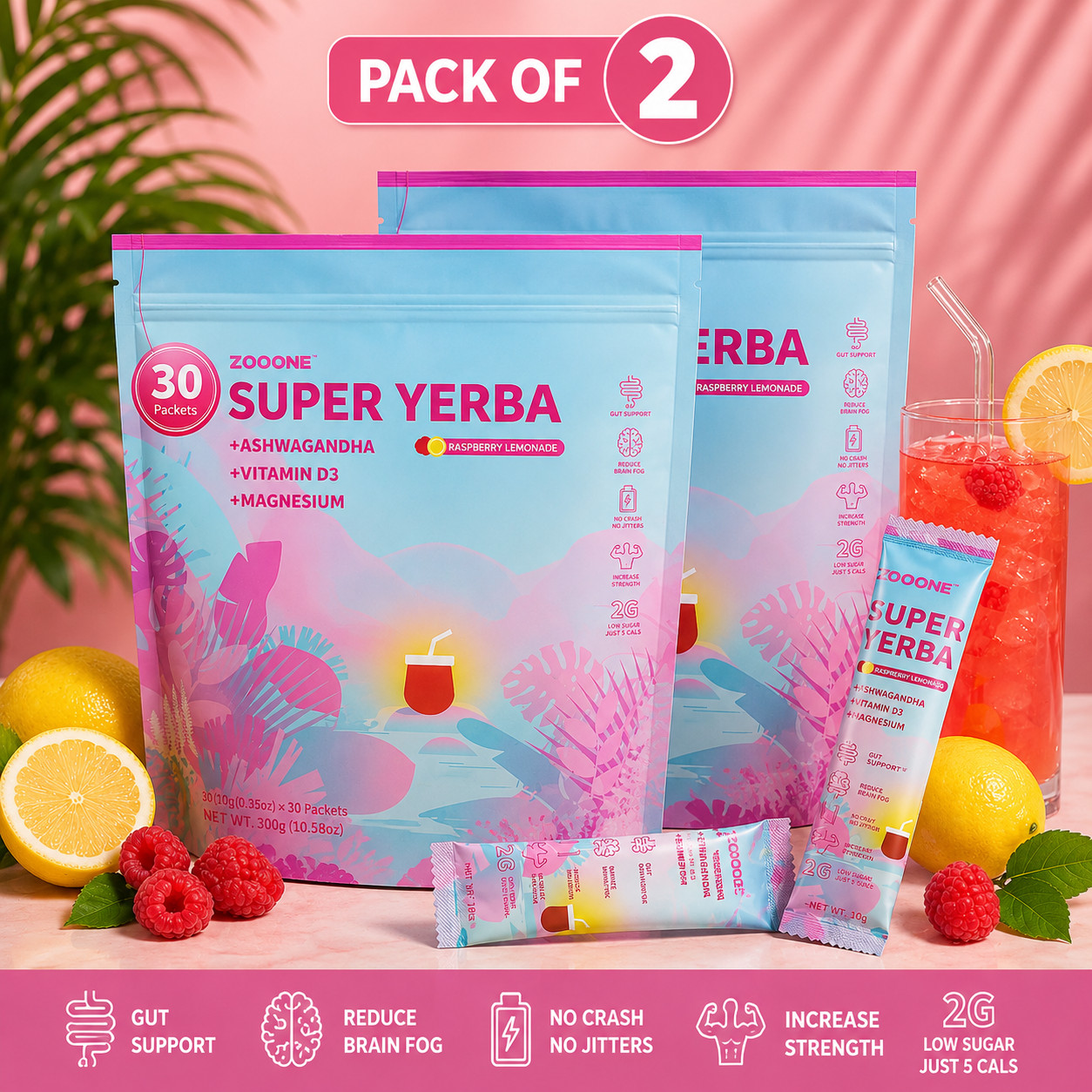 Zooone Super Yerba Pack of 2 Ashwagandha Vitamin D3 Magnesium Drink Mix