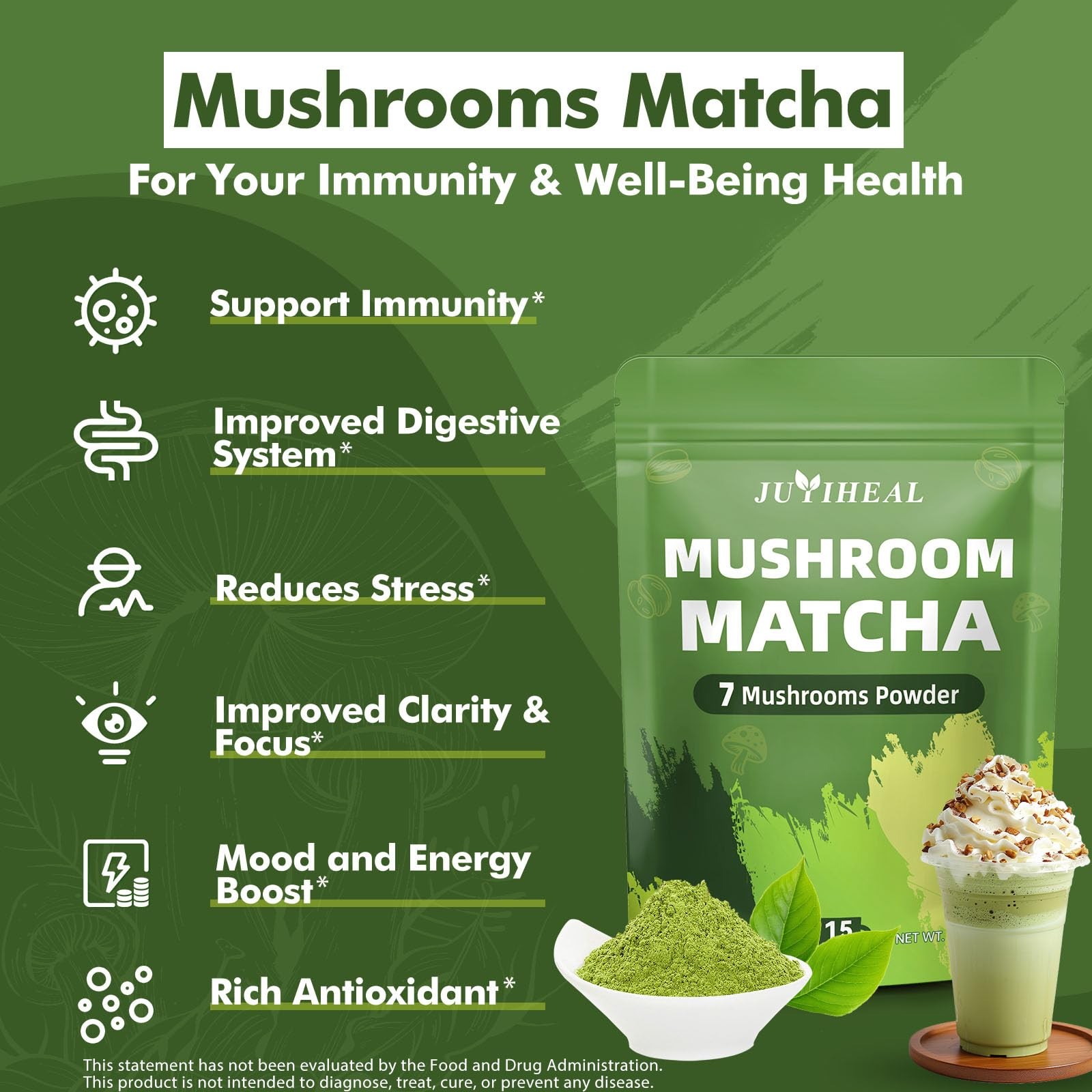 JUYIHEAL Mushroom Matcha | Japanese Ceremonial Infused with 7 75g