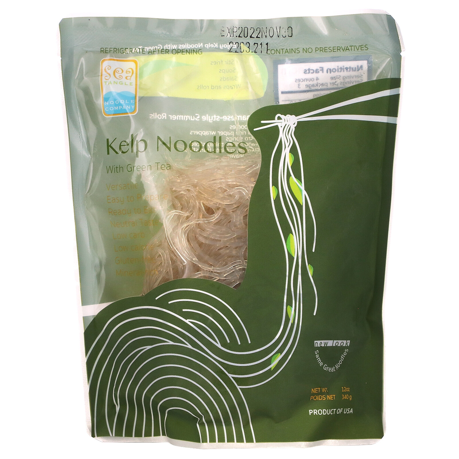 Sea Tangle Noodle Company Kelp Noodles with Green Tea 12 oz 340 g Gluten-Free,
