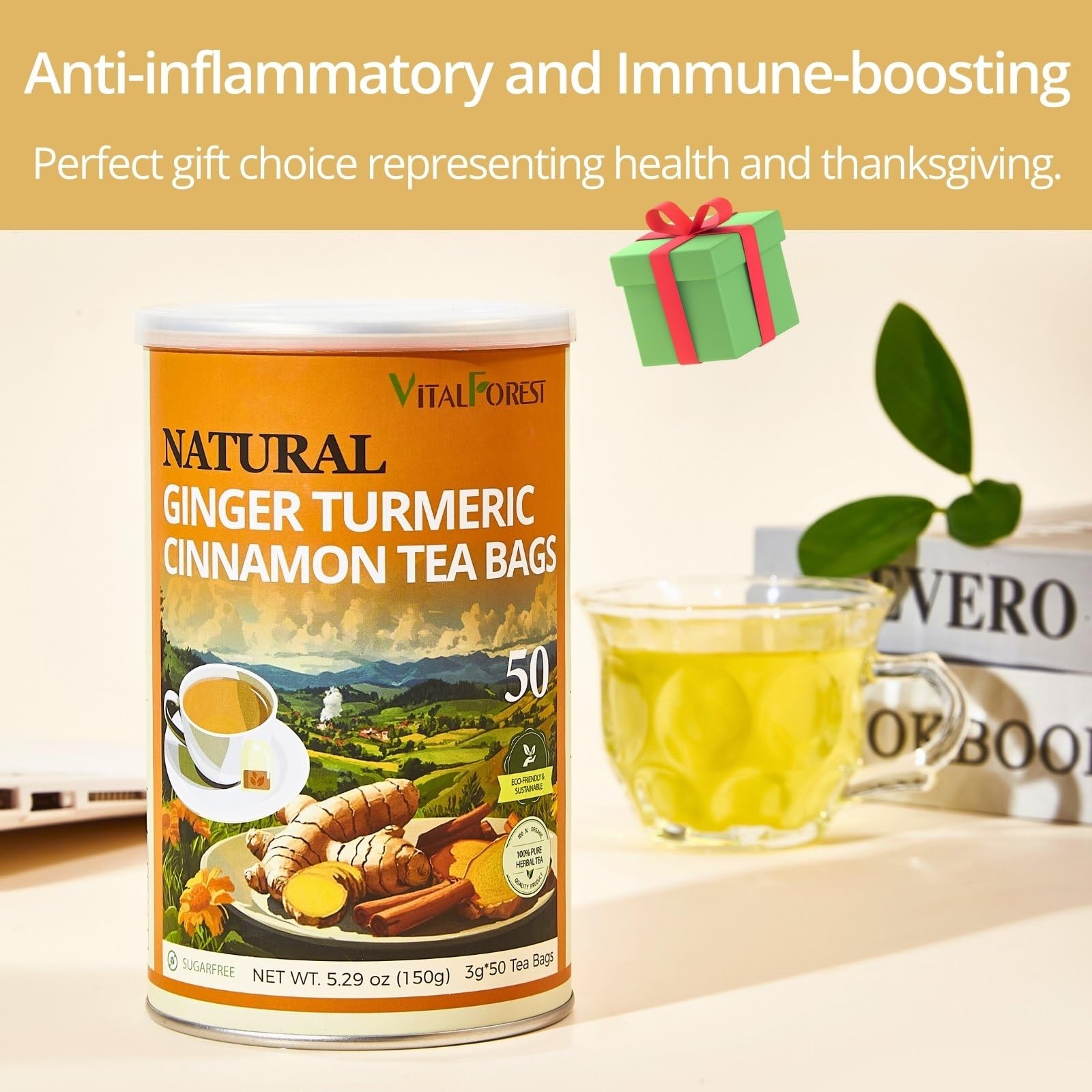 50 Premium Turmeric Ginger Cinnamon Tea Bags| Vitalforest Natural