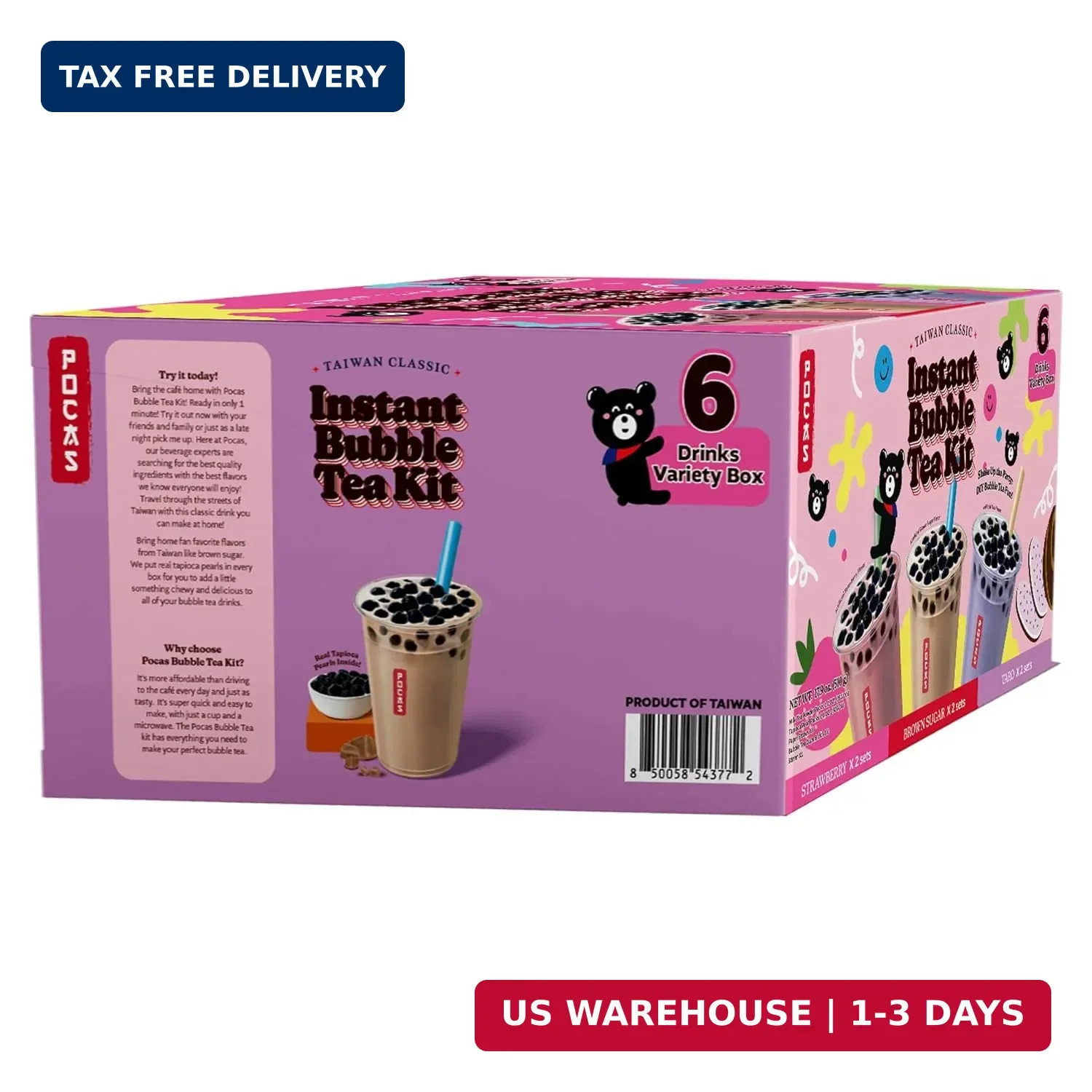 Pocas Bubble Tea Kit, Variety 6-Pack Party Set – Strawberry, Taro, and Brown Sug