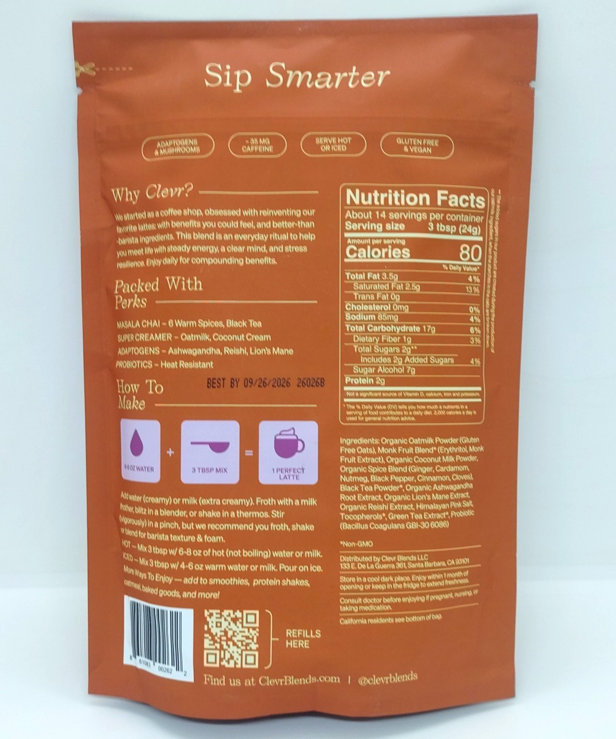 Clevr Chai SuperLatte – Instant Oat Milk Latte with Probiotics – 12 oz