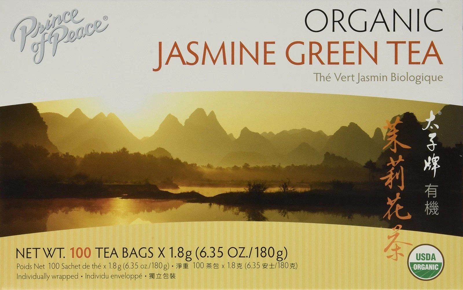 1 Box, Prince of Peace 100% Organic Jasmine Green Tea 6.35Oz/180g – 100 Tea Bags