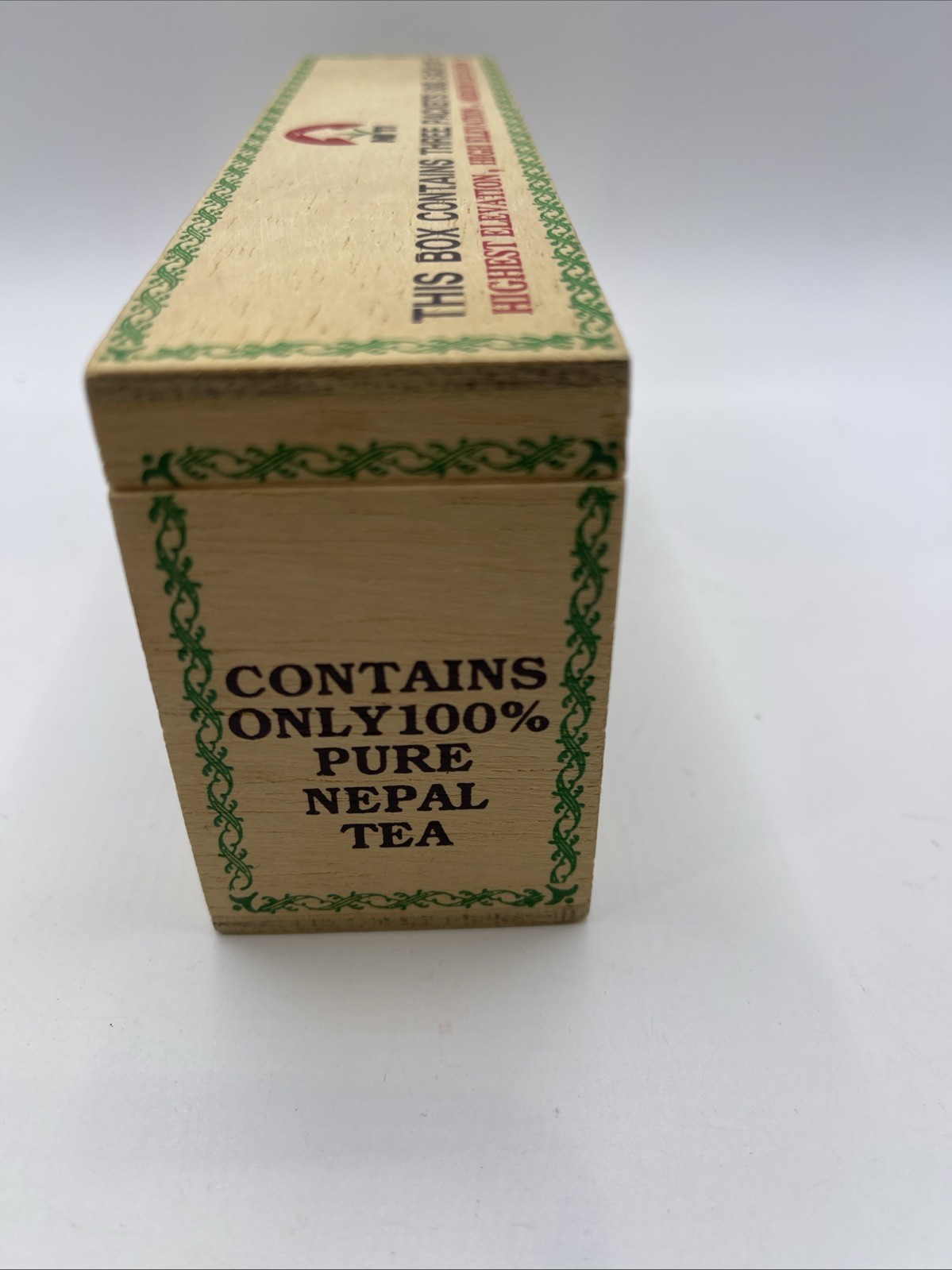 Wooden Tea Box from Niti Labeled “Three Packets 50G” from Different Elevations