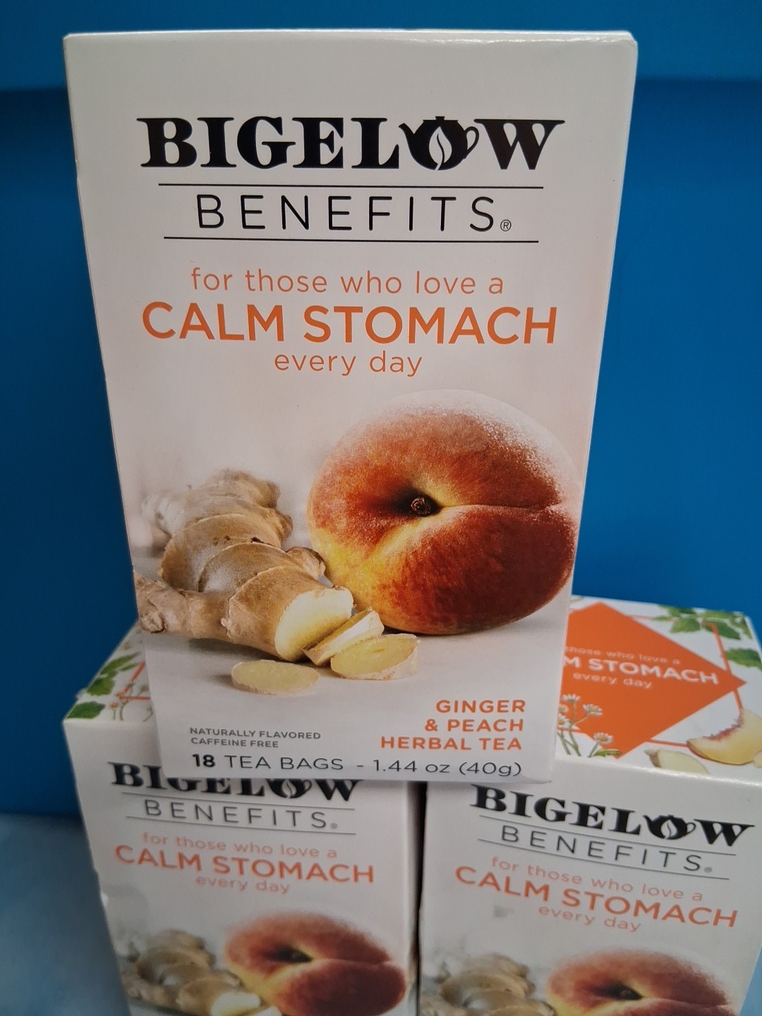 3 Pack, TEA CALM STOMACH GINGER & PEACH Herbal TEA Bigelow Benefits 18×3=52 bags