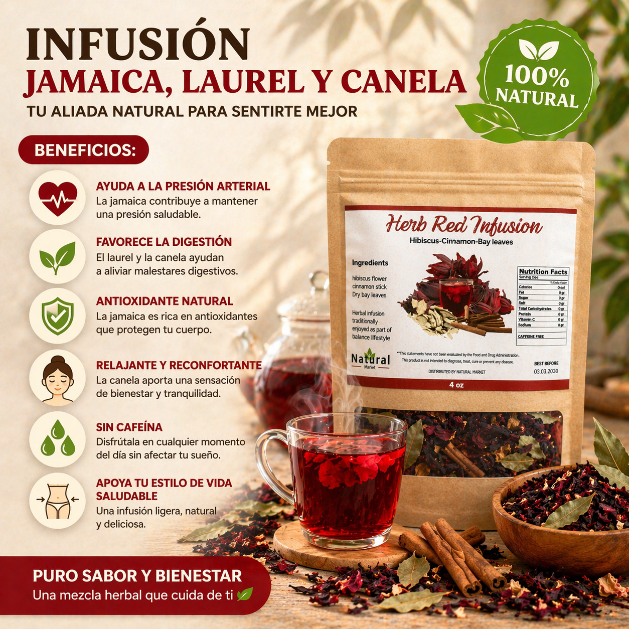 Infusion de Jamaica con Canela y Laurel – 4oz Hibiscus, Cinnamon & Bay Leaf Herb