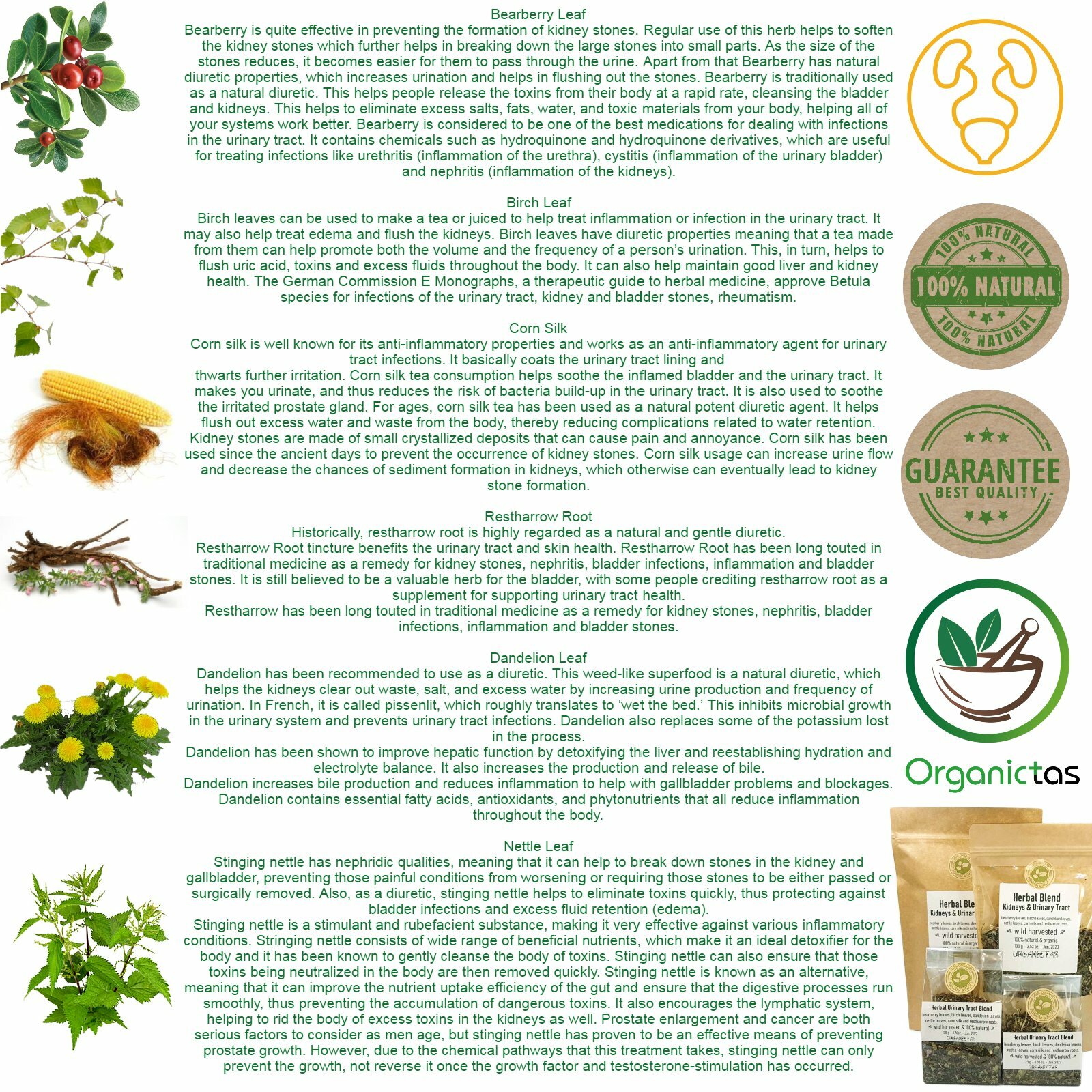Organic Kidney Tea 6 selected Herbs for Urinary Tract Health, Stone Breaker, etc